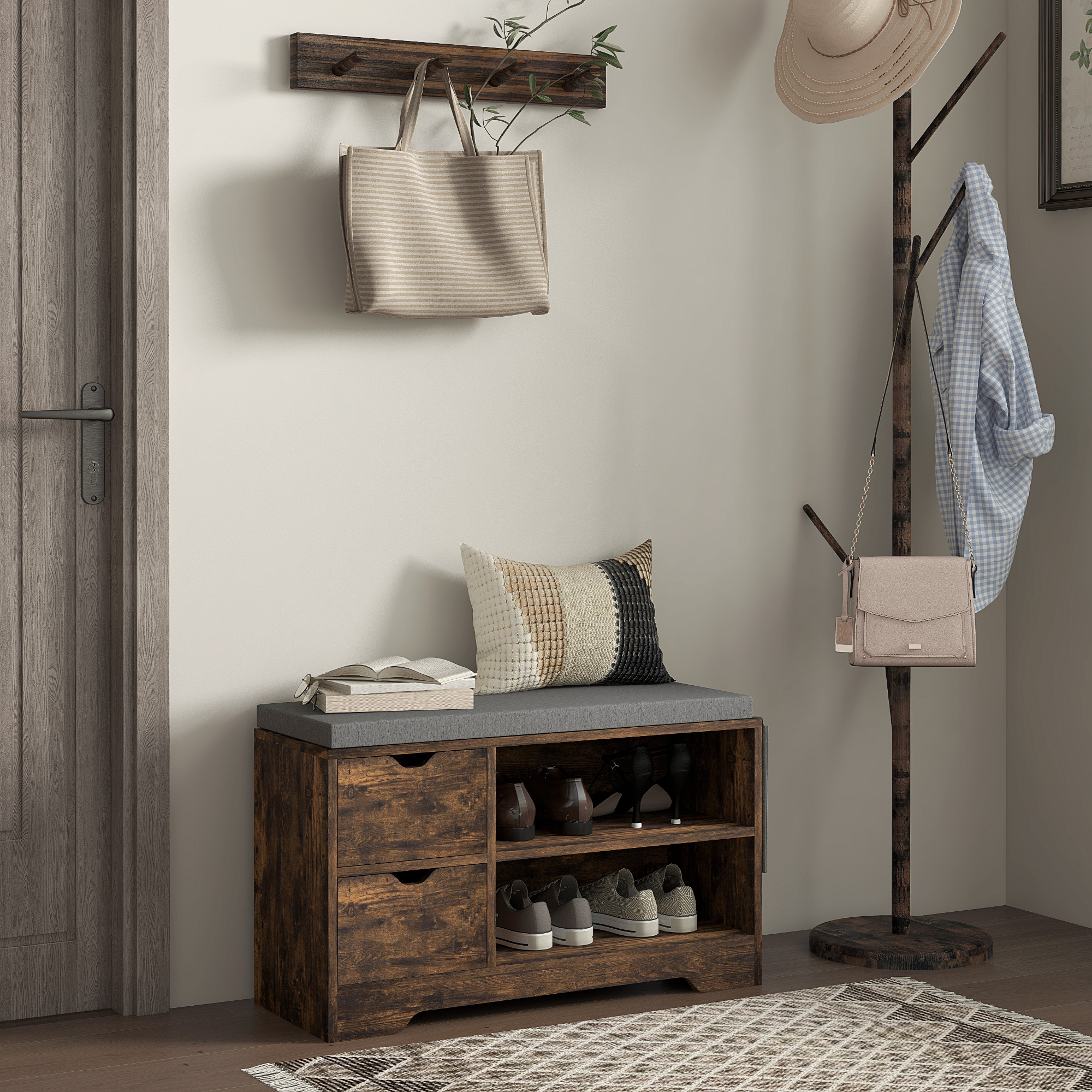 HOMCOM Upholstered Shoe Storage Bench w/ Seat, Entrance Bench w/ Drawer Open Shelves and Pocket for Hallway, Rustic Brown Aosom Canada