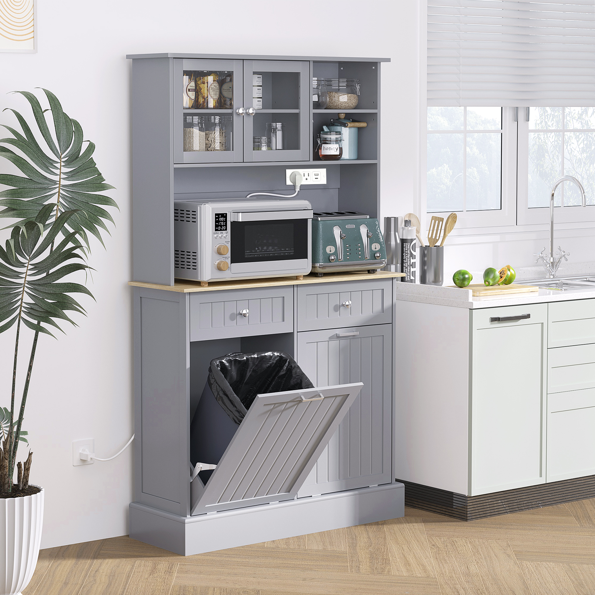 HOMCOM Kitchen Cabinet with Charging Station, 2 Tilt Out Cabinets, Microwave Stand, Freestanding Kitchen Pantry Cabinet, Grey Aosom Canada