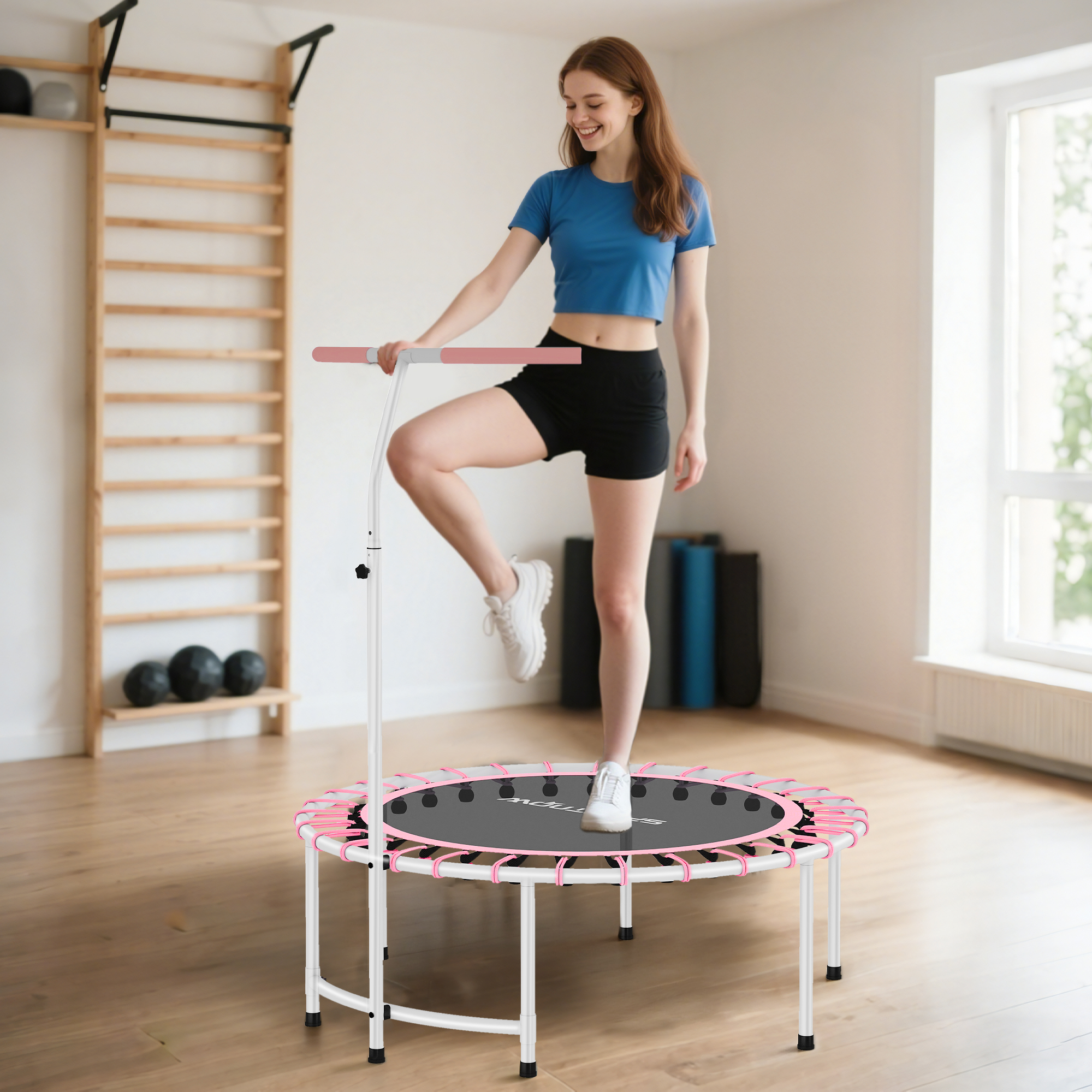 Soozier 40" Rebounder Trampoline ,Mini Trampoline Indoor with Adjustable Handle, Quiet and Safe Bungee Rebounder, Pink Aosom Canada
