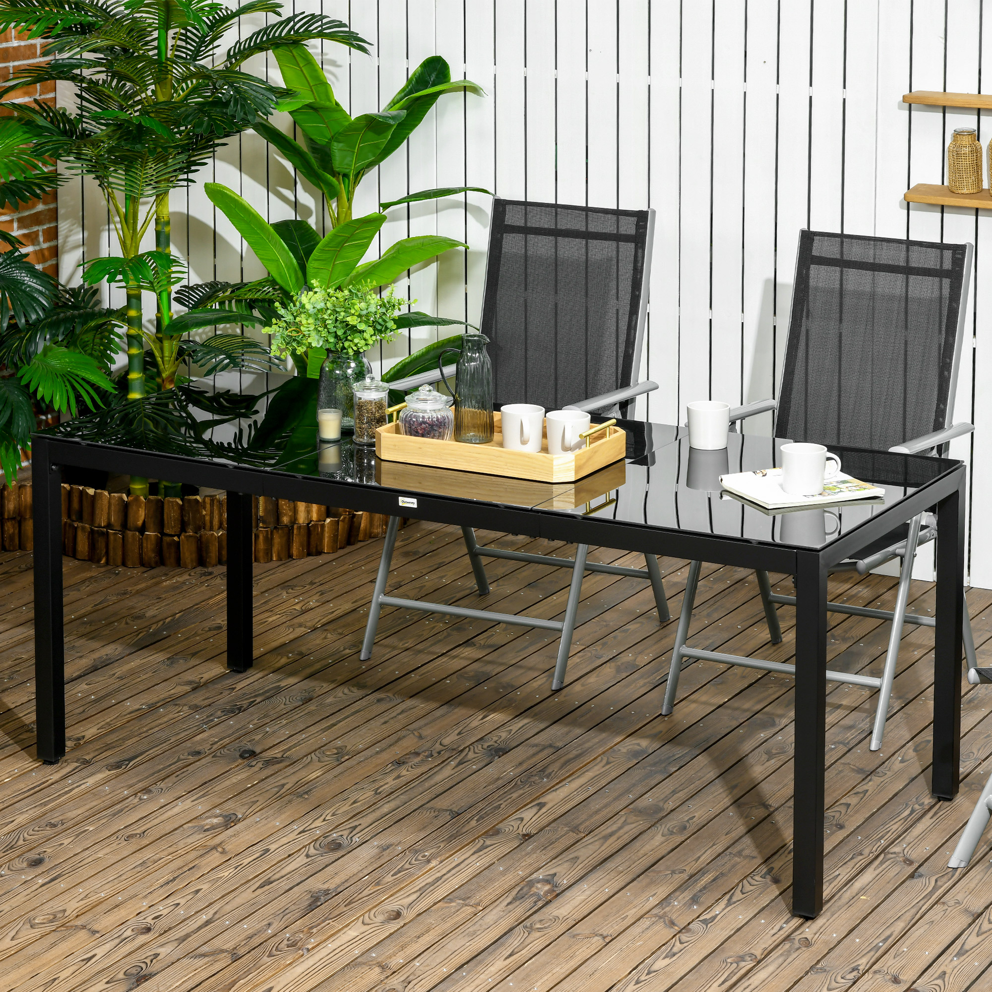 Outsunny Rectangular Outdoor Dining Table for 8 People with Tempered Glass Top and Aluminum Frame, Black 70.9" x 31.5" x 28.3" | Aosom Canada