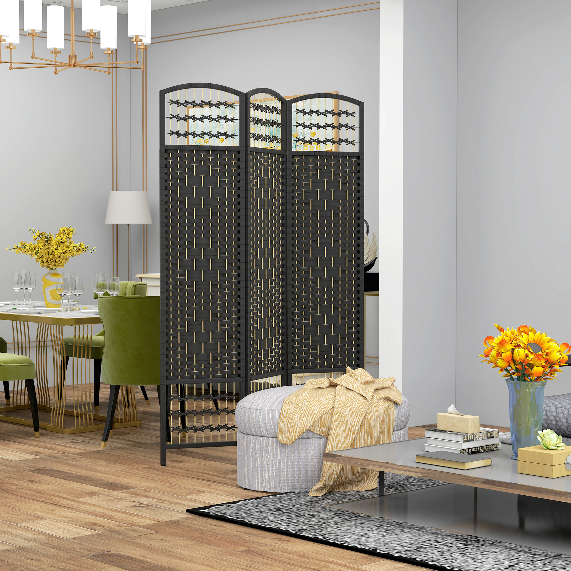 HOMCOM Contemporary Wave Design Room Separator: 3-Panel Folding Privacy Divider for Home/Office Use, Sleek Black Finish Aosom Canada