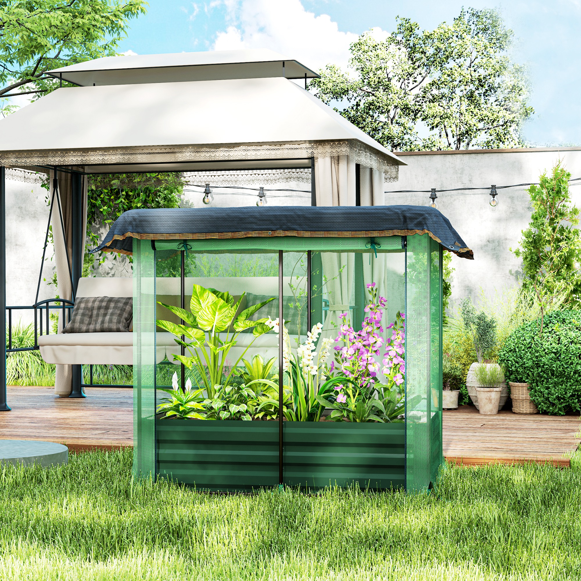 Outsunny Galvanized Steel Planter Box with Crop Cage and Shade Cloth, Raised Garden Bed for Flowers, Vegs and Herbs, Green Aosom Canada