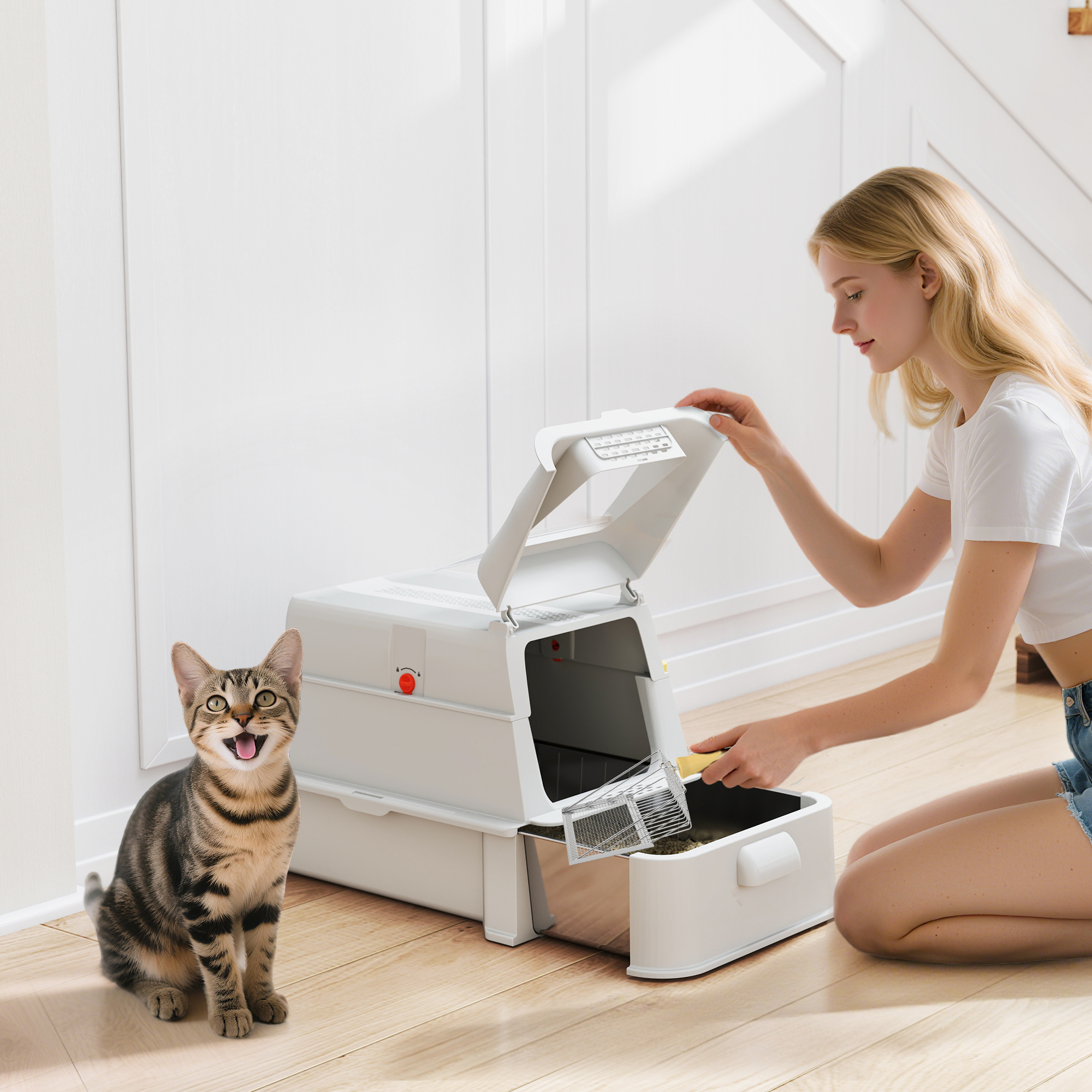 PawHut 80L XL Stainless Steel Litter Box for Big Cats with Flip Cover, Pull-Out Drawer Tray, High Sided, Pedal, Light Grey Aosom Canada