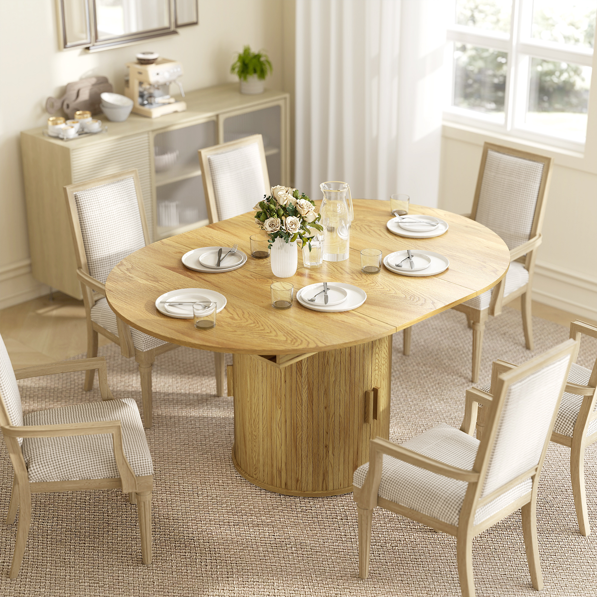 HOMCOM Extendable Dining Table for 6, 60" Farmhouse Kitchen Table with 2-Tier Storage Shelf and Fluted Sliding Doors, Natural | Aosom Canada