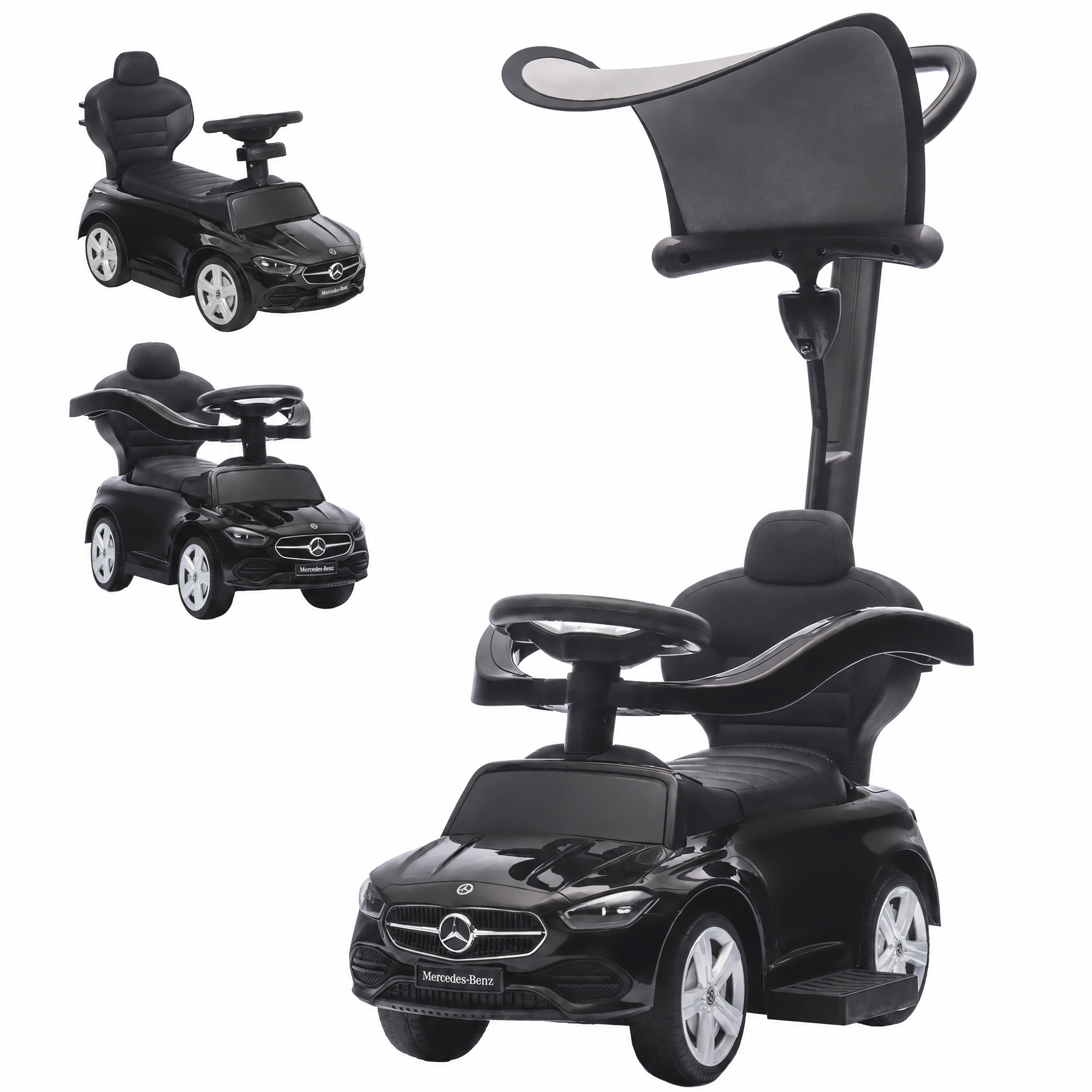 Qaba 4 in 1 Toddler Push Car Licensed Benz with Push Handle, Guardrails, Canopy, Horn, Music, Storage for 18-36 Months, Black