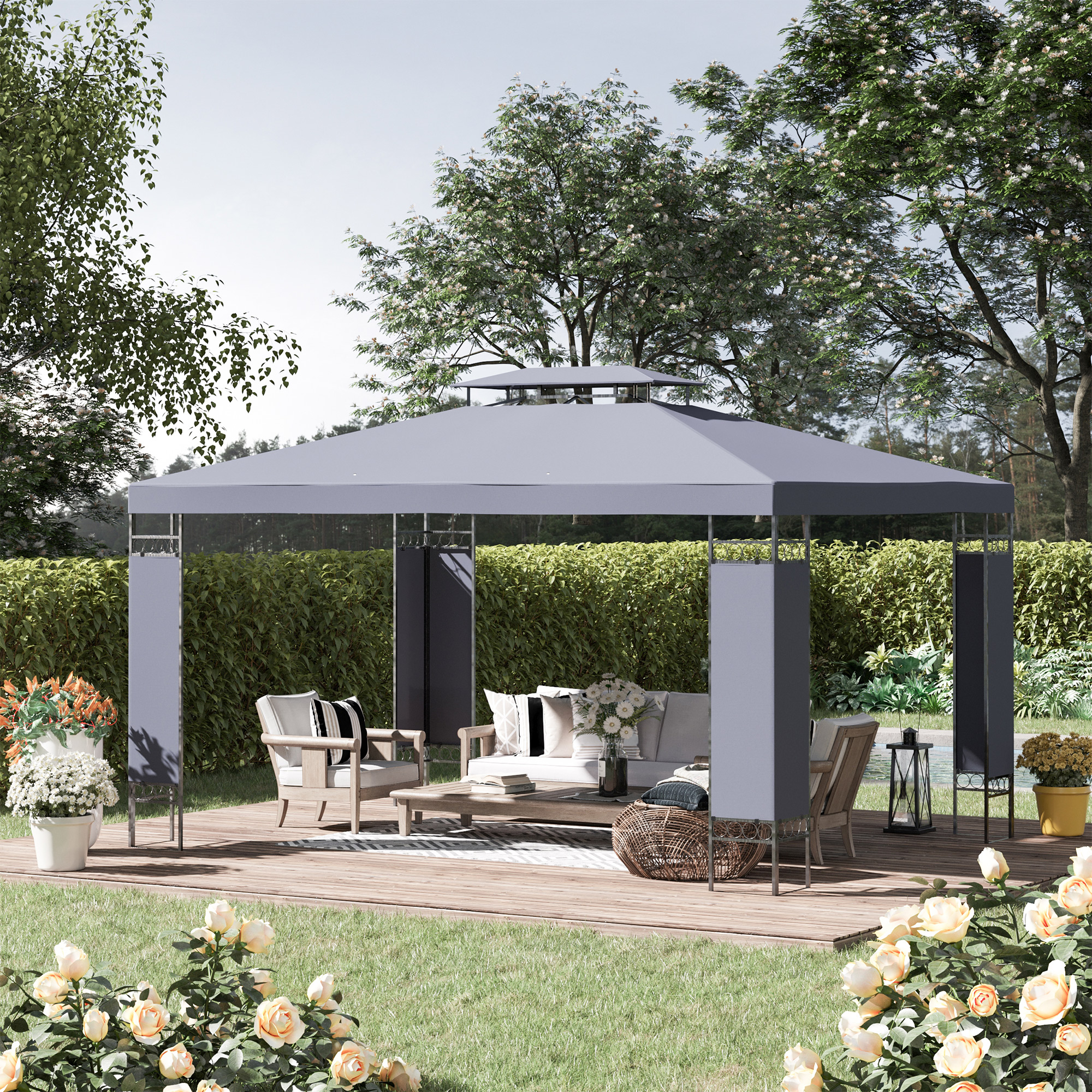 Outsunny 10' x 13' Outdoor Gazebo, Double Roof Patio Gazebo Canopy Shelter with Screen Decorate Corner Frame, Grey Aosom Canada