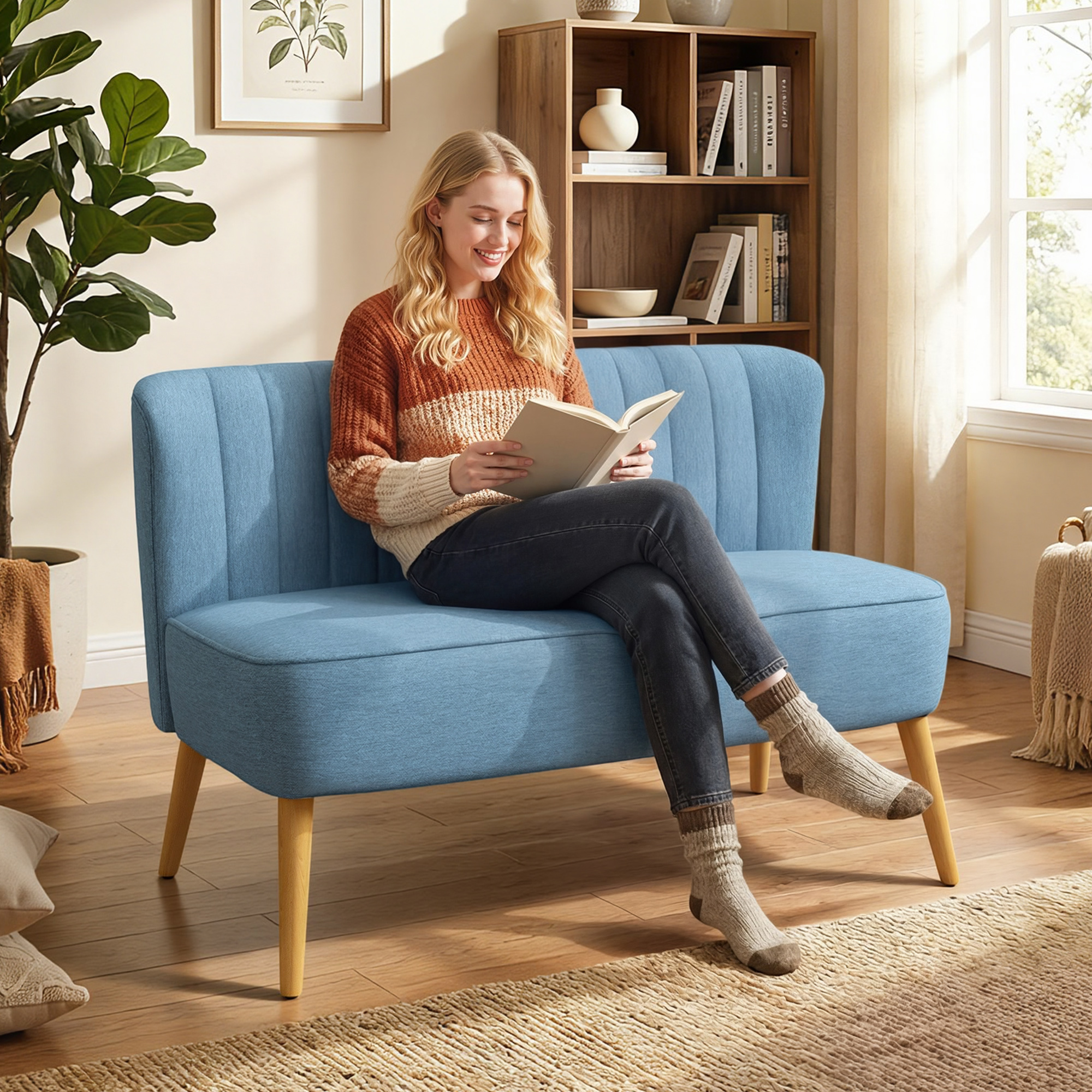 HOMCOM 2 Seat Sofa, Upholstered Loveseat Sofa with Rubber Wood Legs, Blue Aosom Canada