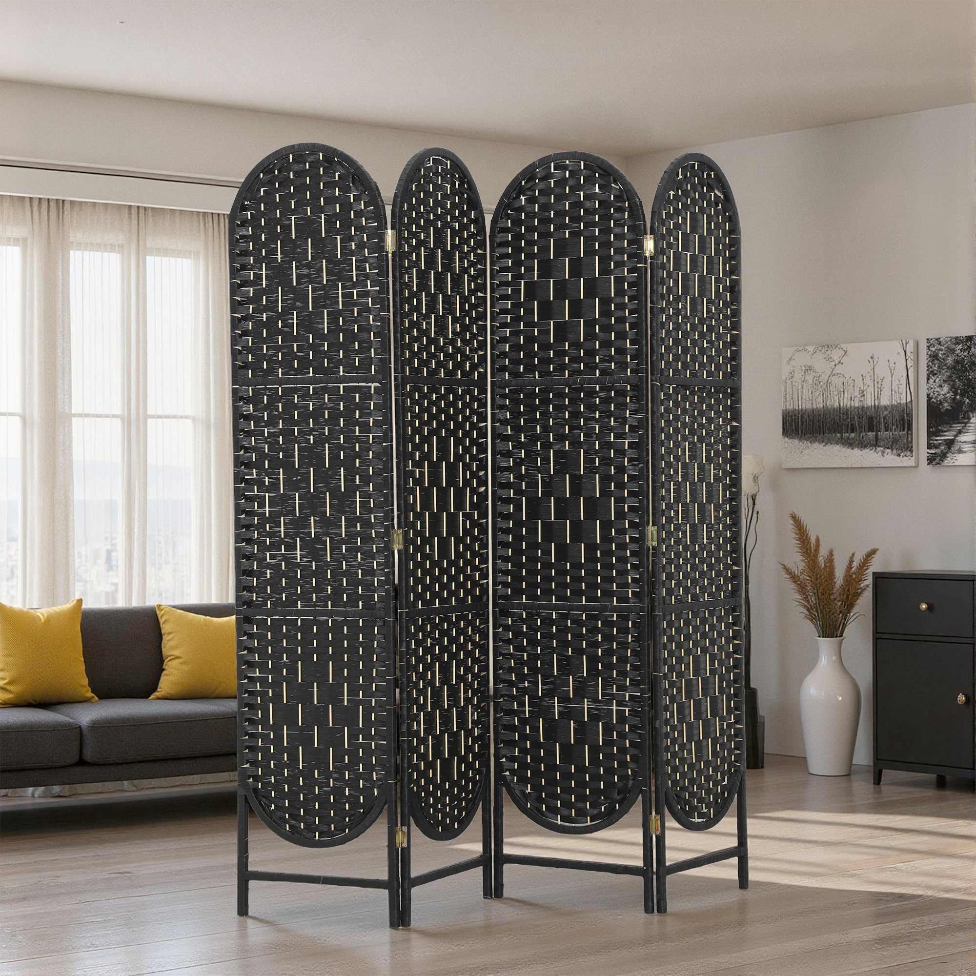 HOMCOM Bohemian Privacy Screen, Folding Room Divider with 4 Panels and Arched Top for Bedroom Living Room Office, Black Aosom Canada