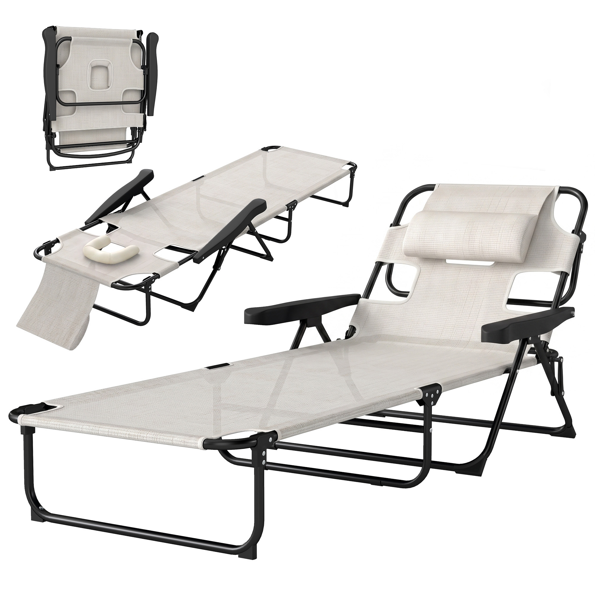 Outsunny Folding Lounge Chair w/ Reclining Back, Cream White