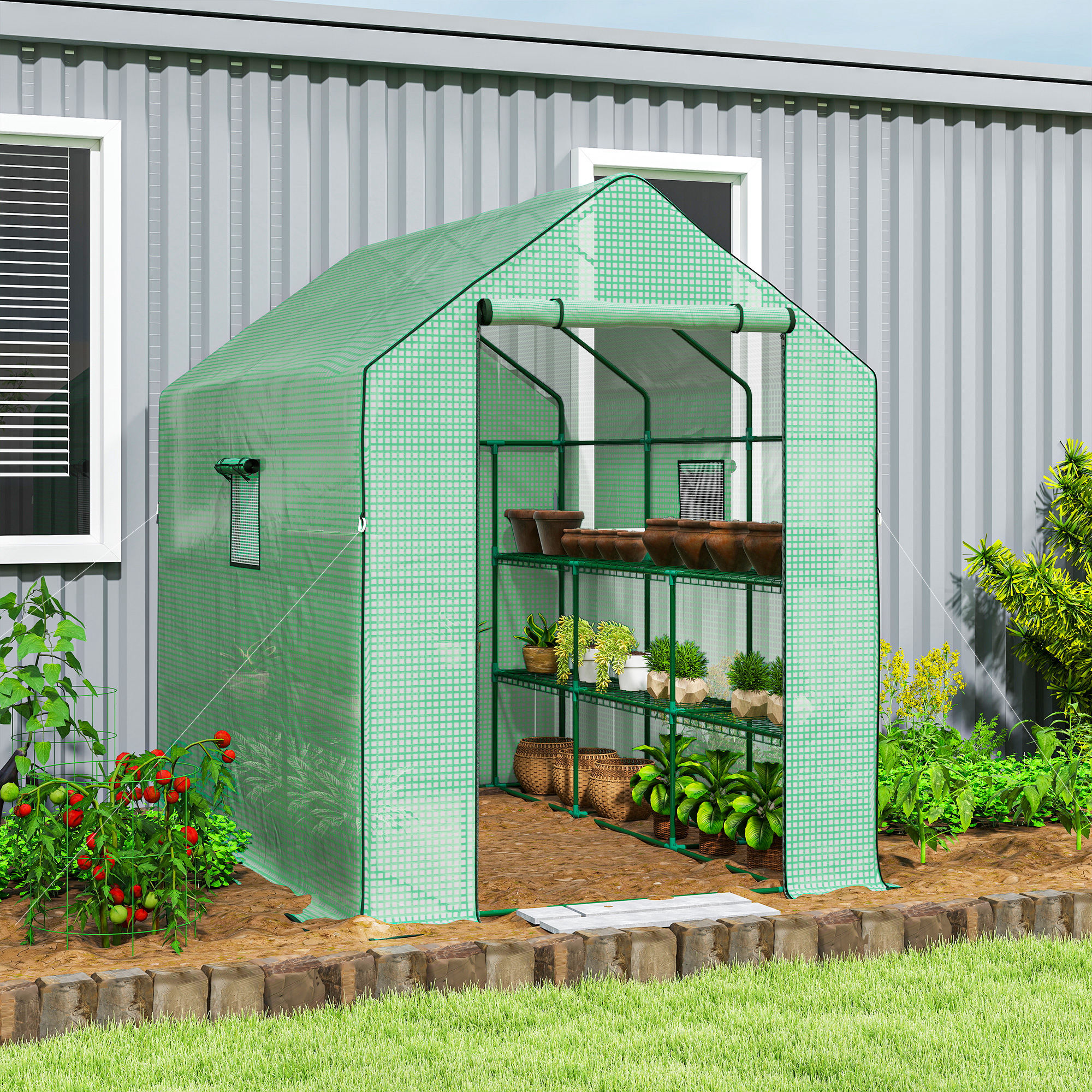 Outsunny Walk-in Greenhouse with 3 Tier, Garden Plant Growhouse with Roll-up Door and Mesh Windows, 140 x 213 x 190 cm, Green Aosom Canada