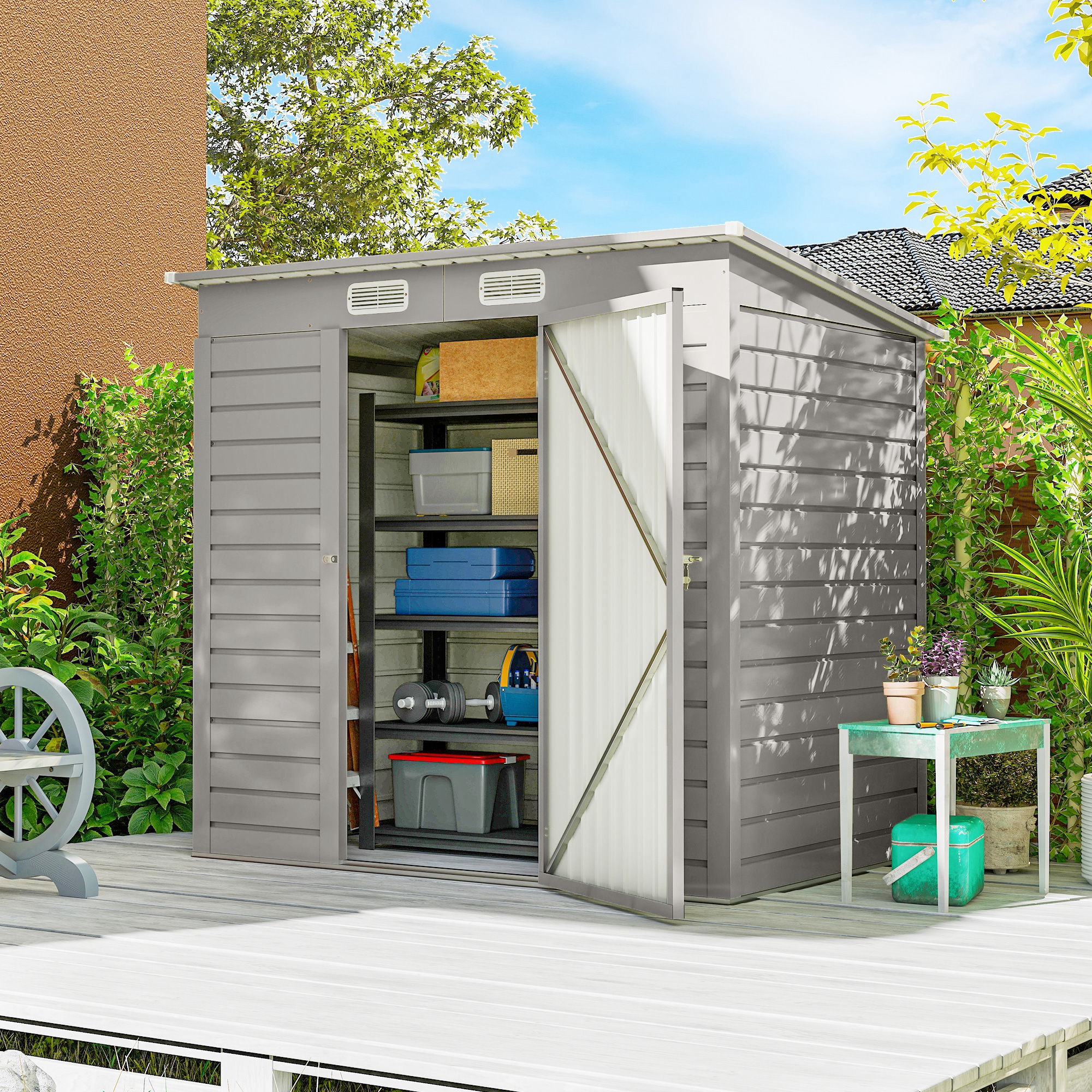 Outsunny 6 x 4FT Galvanized Garden Storage Shed, Metal Outdoor Shed with Double Doors and 2 Vents, Light Grey | Aosom Canada