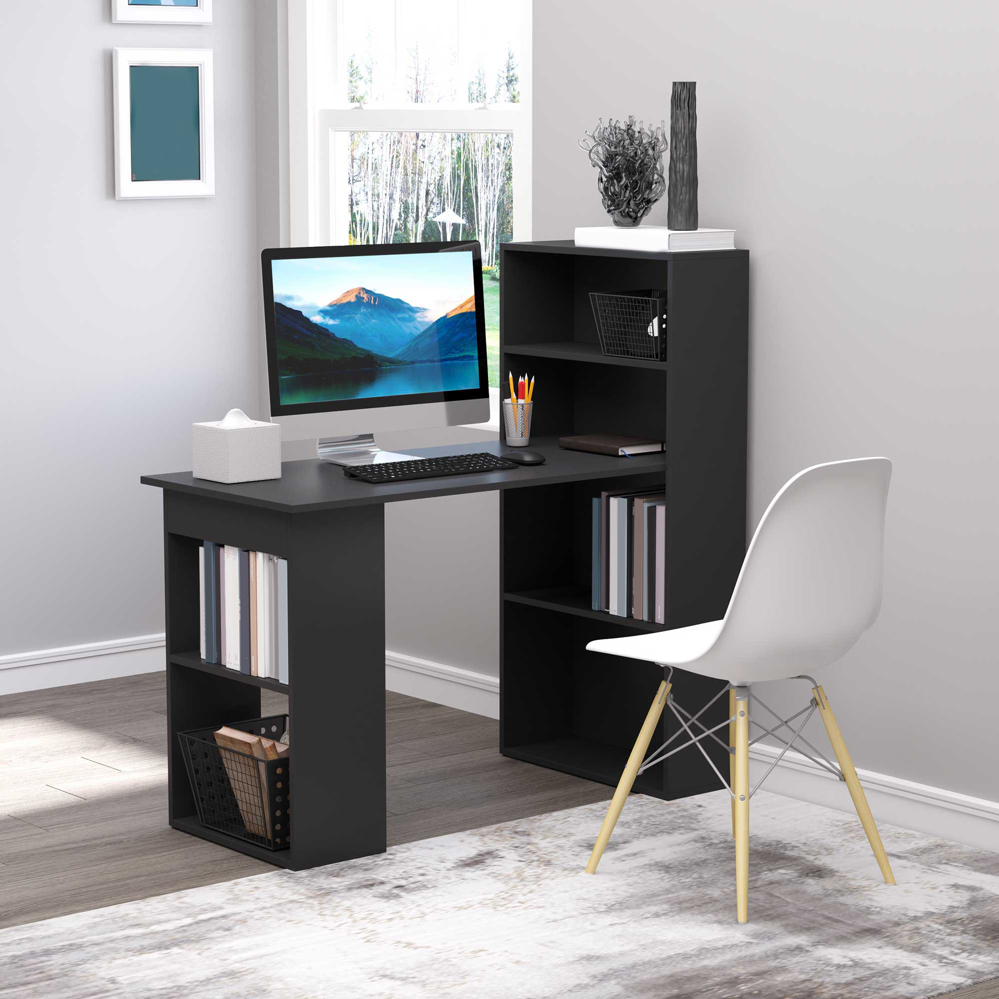 HOMCOM Modern Compact Computer Desk: 6-Tier Storage Shelves, Writing Table Workstation, Bookshelf, Home Office, Black Aosom Canada