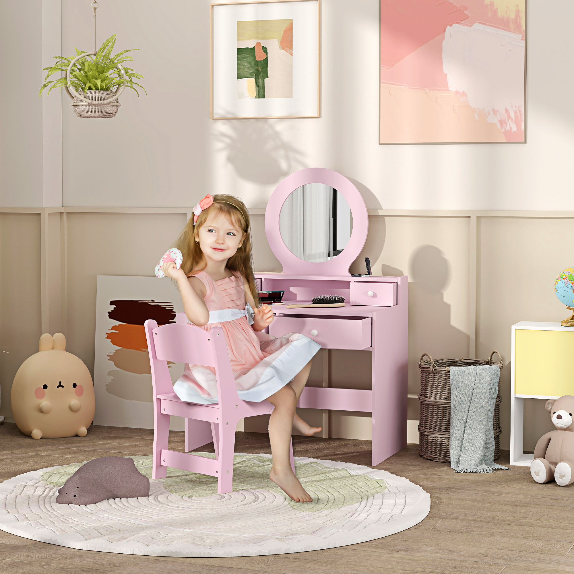 Qaba Kids Vanity Set, Children Makeup Table with Mirror, Stool and Storage Drawers, for Ages 3-8, Pink Aosom Canada