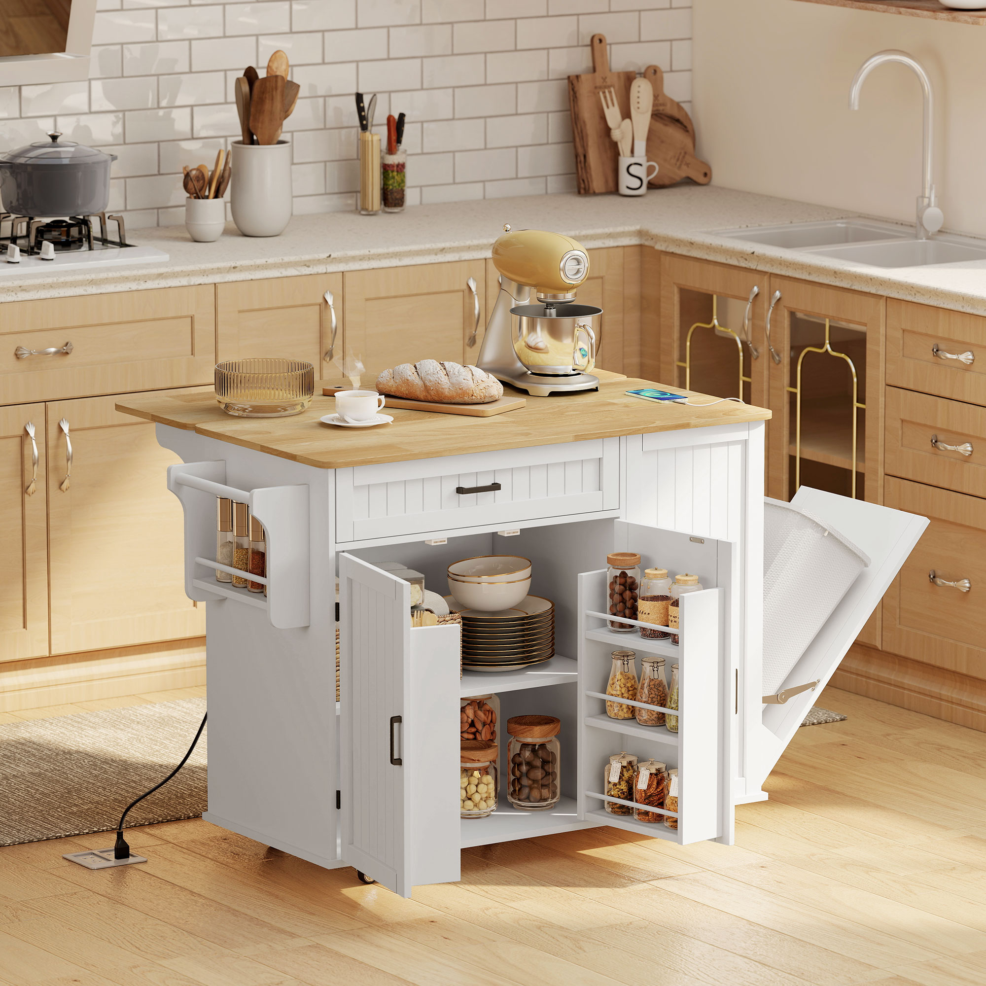 HOMCOM Kitchen Island Cart, Portable Kitchen Island Table with Charging Station, Rubber Wood Drop Leaf, Trash Storage, White Aosom Canada