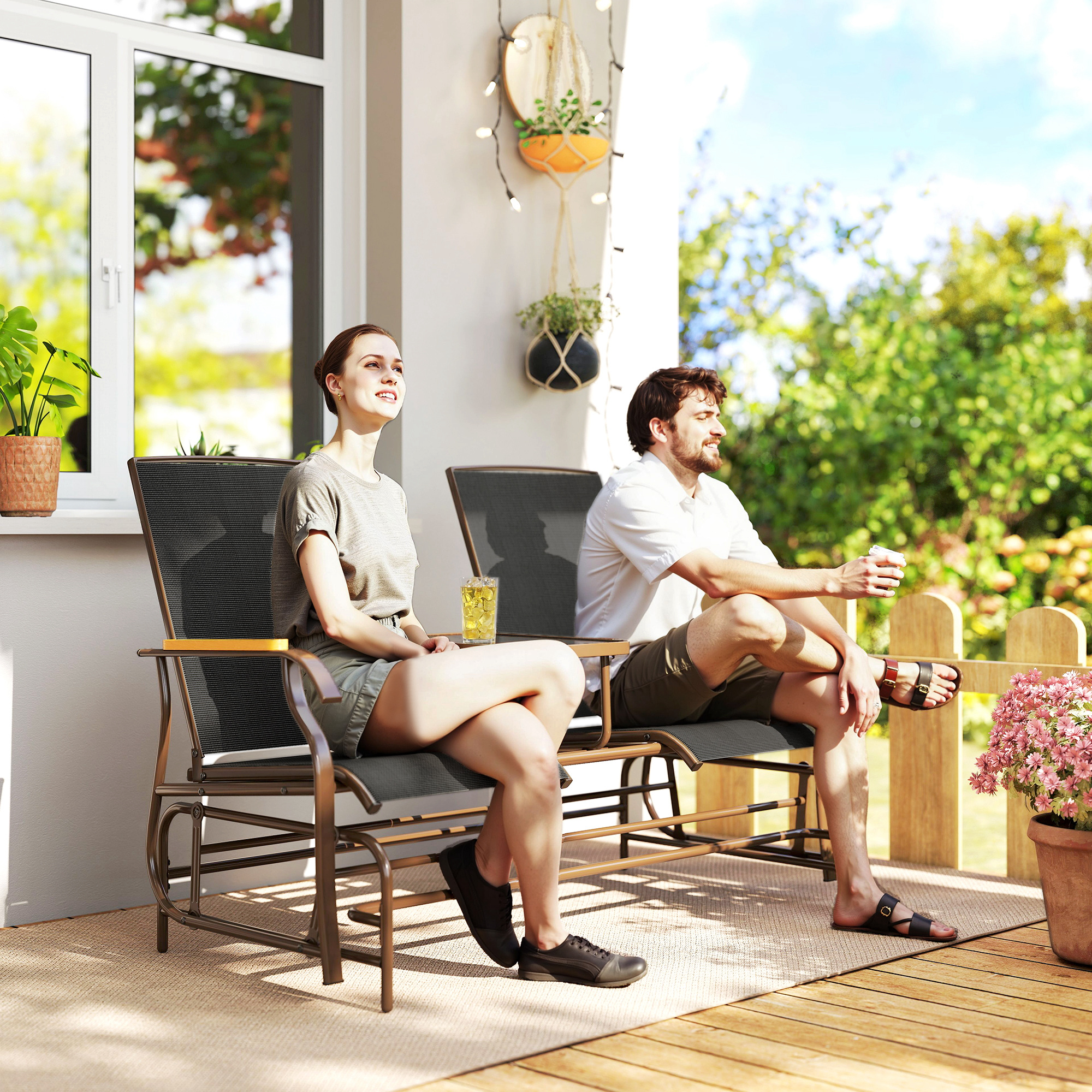 Outsunny Outdoor 2-Person Glider Bench, Outside Swing Glider Chair Loveseat with Breathable Mesh, Table, Steel Frame Aosom Canada