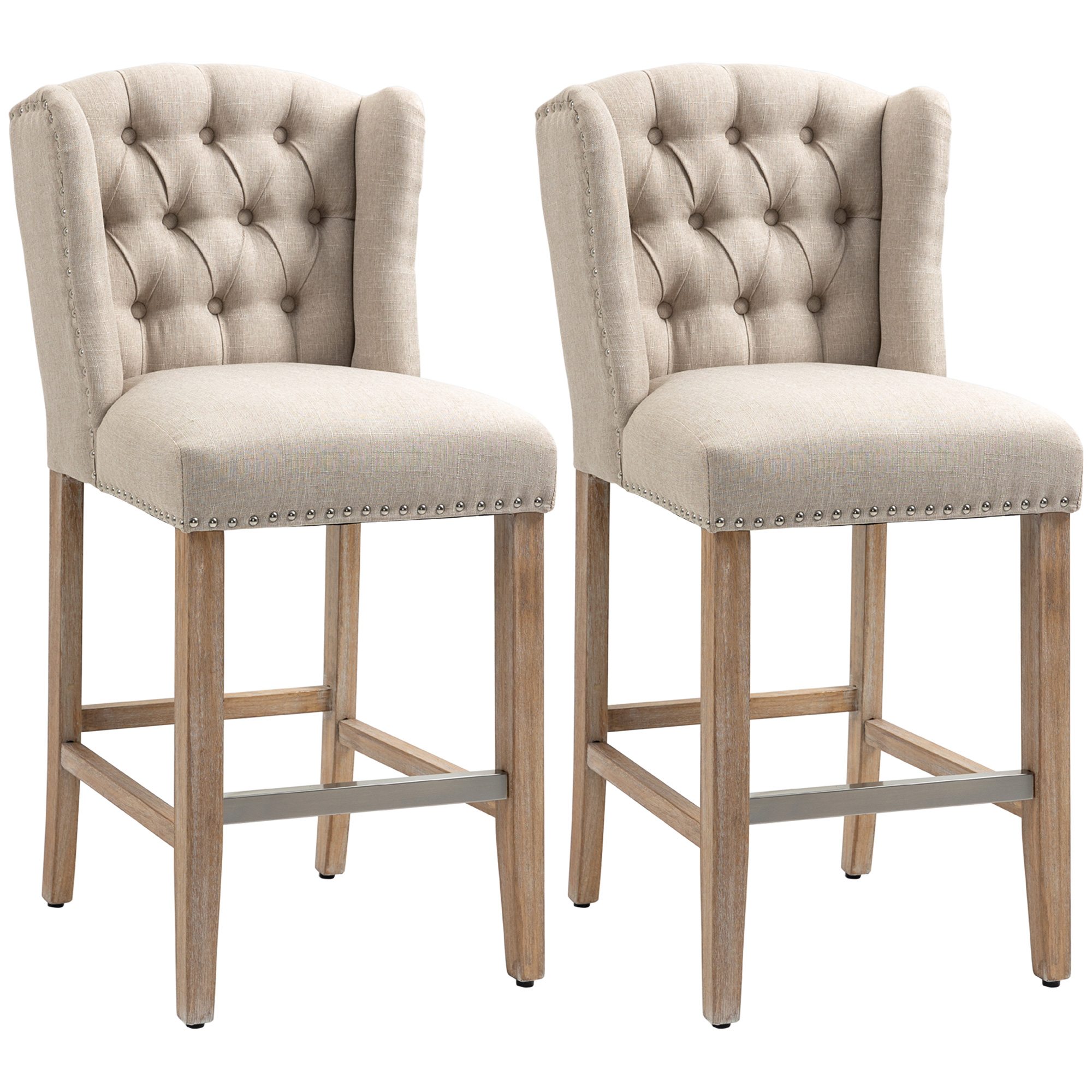 HOMCOM "HOMCOM Counter Height Bar Stools Set of 2, 27"" Inch Height Barstools with Nailhead-Trim, Tufted Back and Wood Legs, Beige" - $239.99 at Aosom US