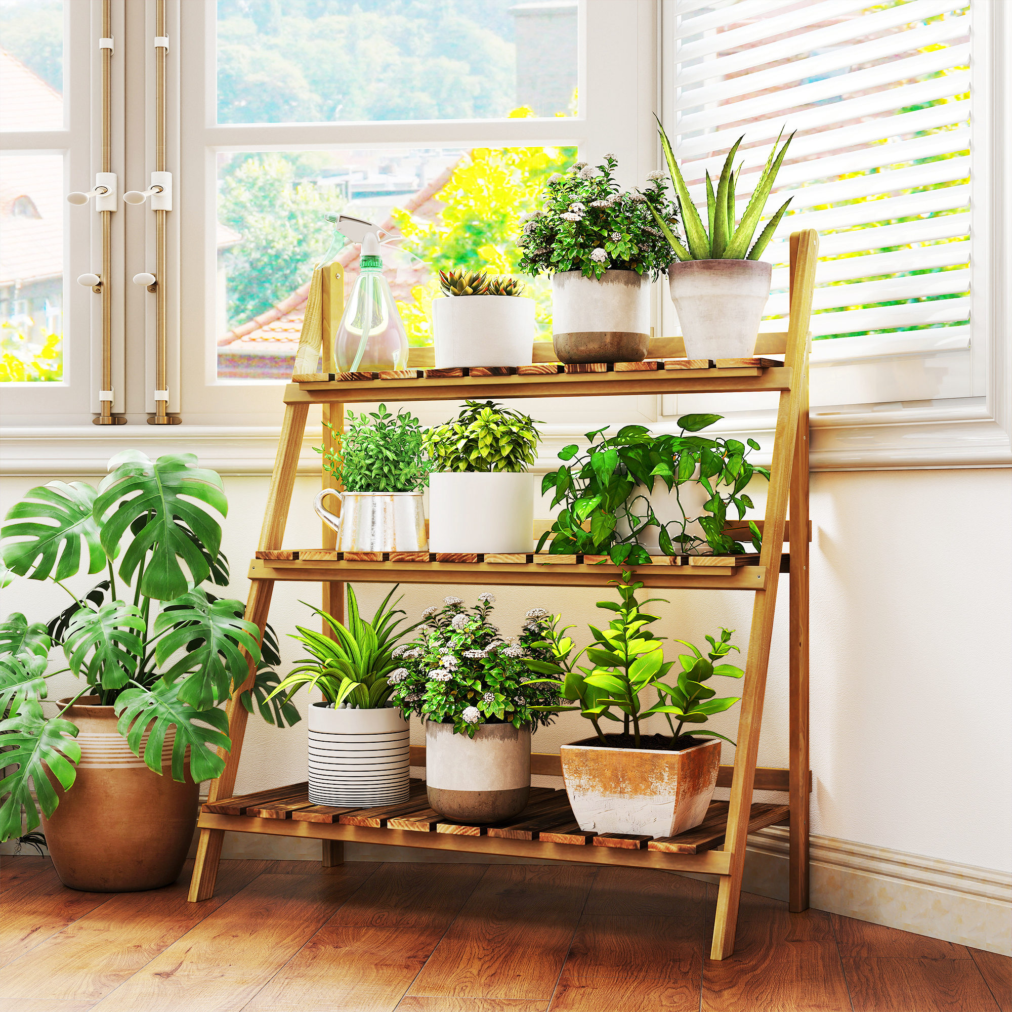 Outsunny Outdoor Plant Stand, Foldable Flower Stand 3-Tier Wooden Plant Shelf for Garden Indoor Outdoor, 32" x 14" x 37'' Aosom Canada