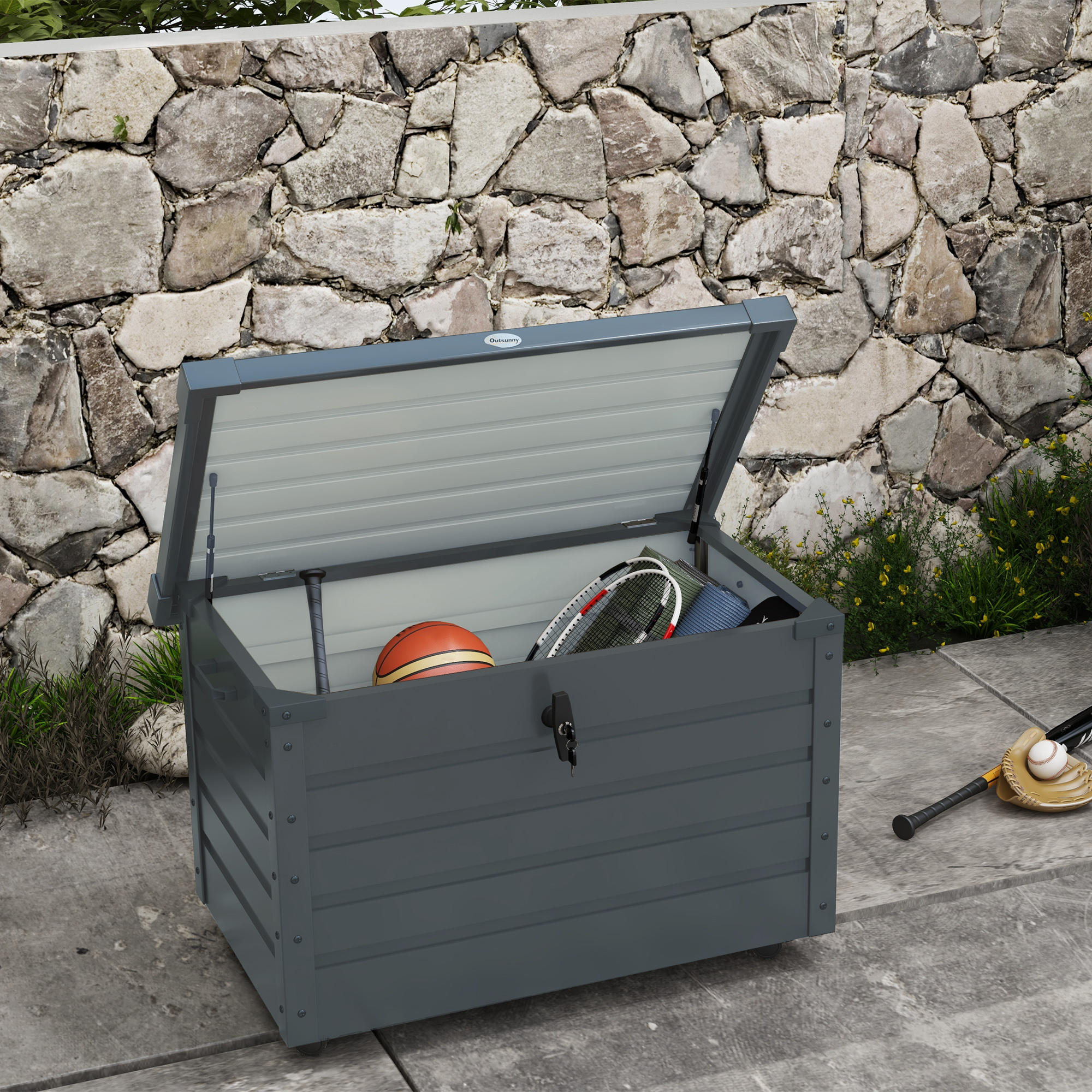 Outsunny 78 Gallon Garden Storage Box, Waterproof Outdoor Storage Container with Wheels and Handles, Dark Grey Aosom Canada