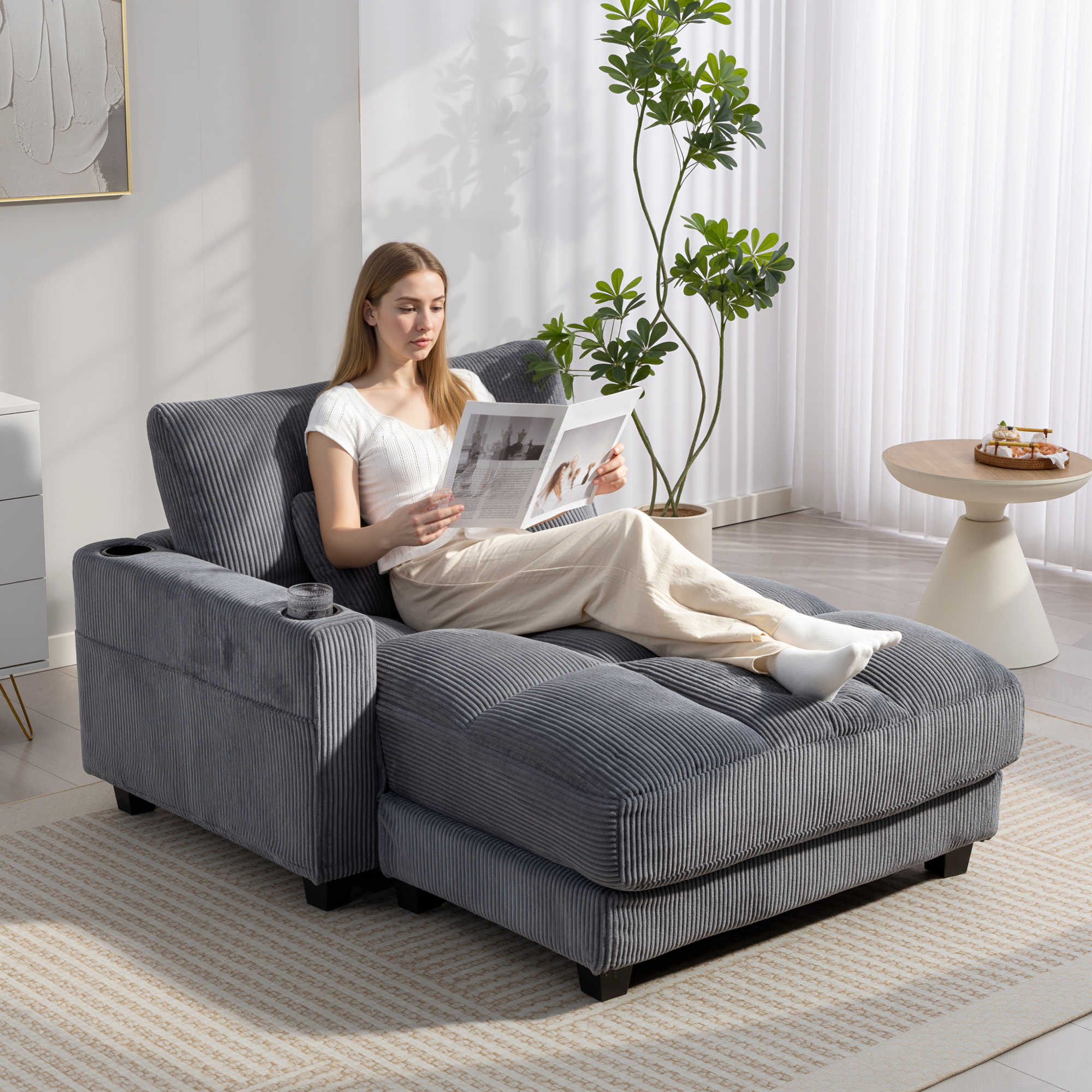 HOMCOM 58" Chaise Lounge Indoor, Oversized Corduroy Sofa Bed with 2 Cup Holders, Pillow, Deep Seat Sleeper Couch, Dark Grey Aosom Canada