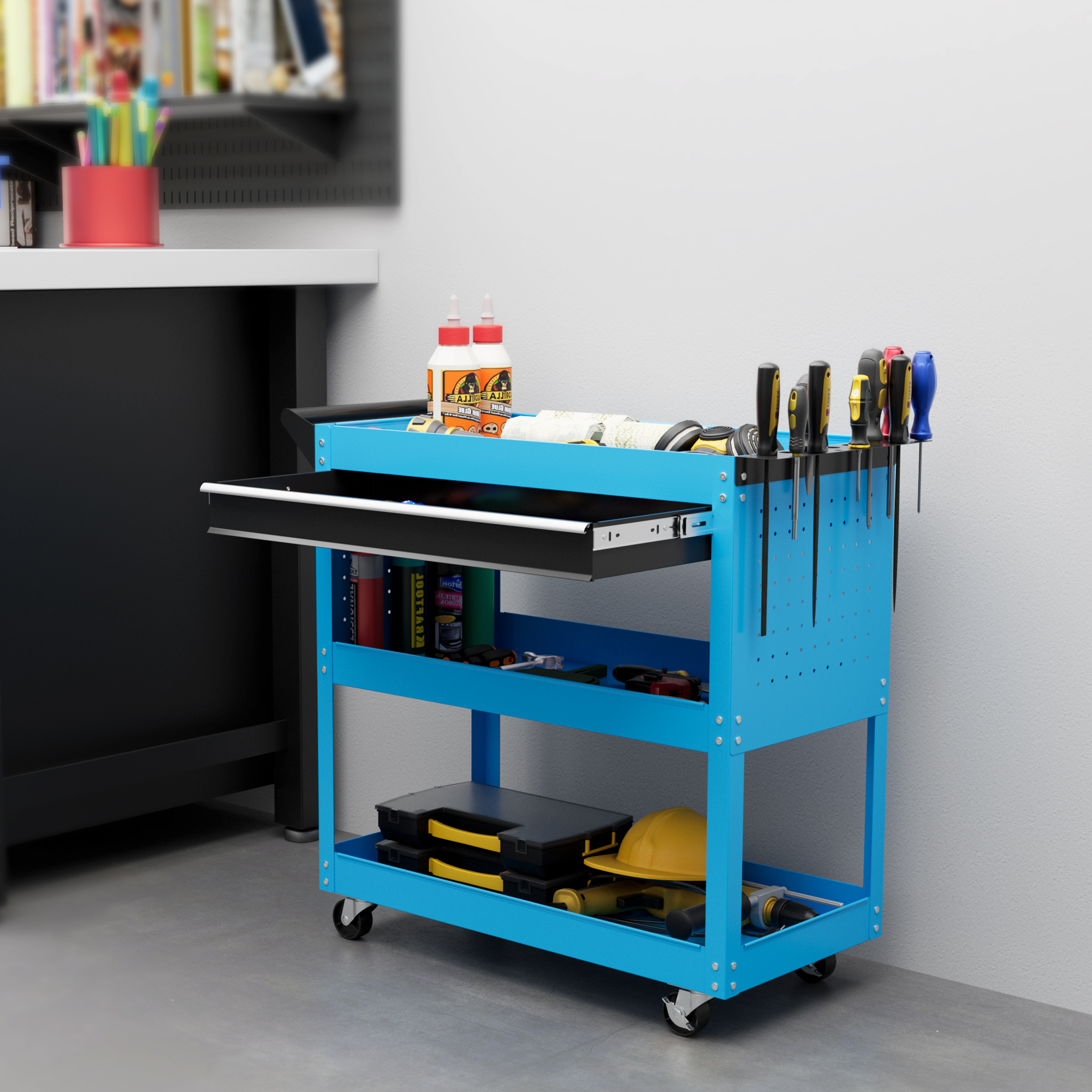 HOMCOM Tool Cart on Wheels, Utility Cart with Wheels, Ball Bearing Drawer, Storage Trays for Garage, Warehouse, Workshop, Blue Aosom Canada