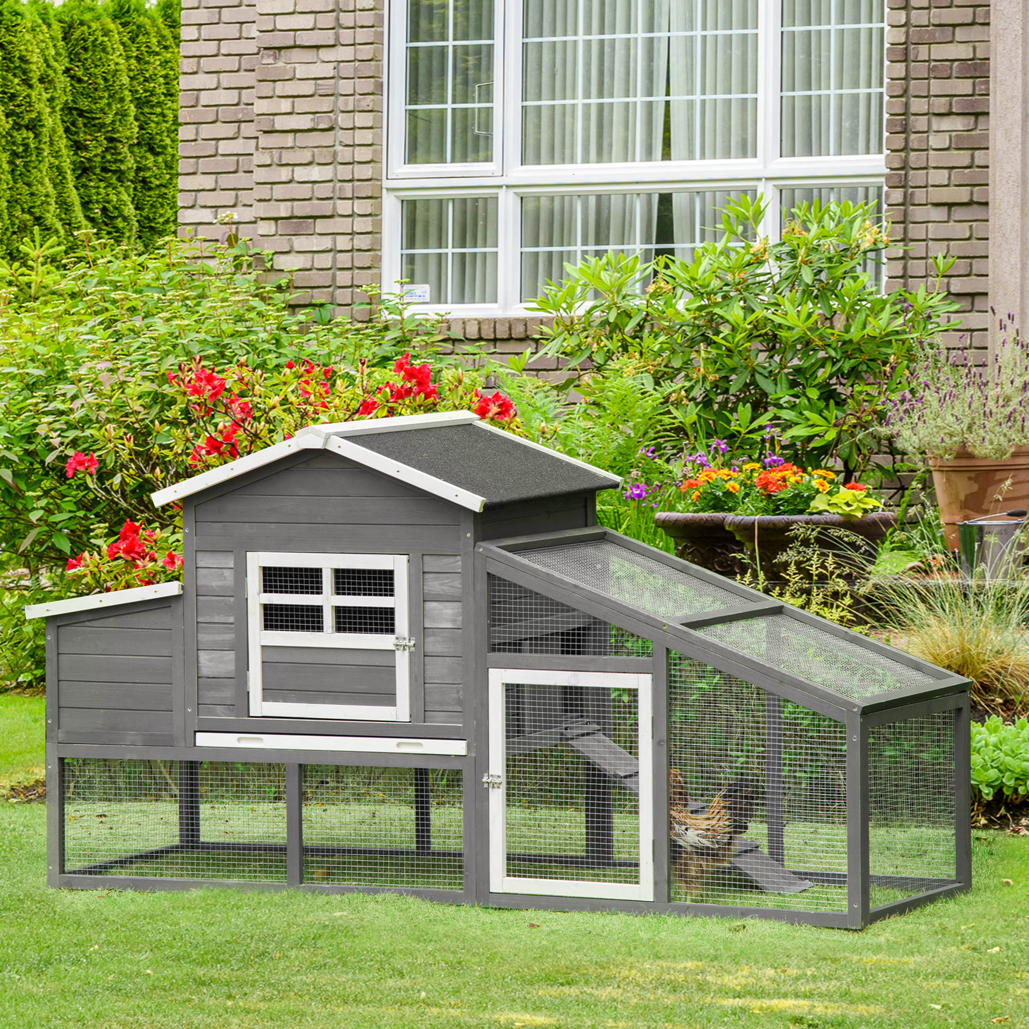 PawHut 79" Wooden Chicken Coop, Outdoor Hen House, Poultry Habitat with Removable Tray, Nesting Box, Run, Ramp, Grey Aosom Canada