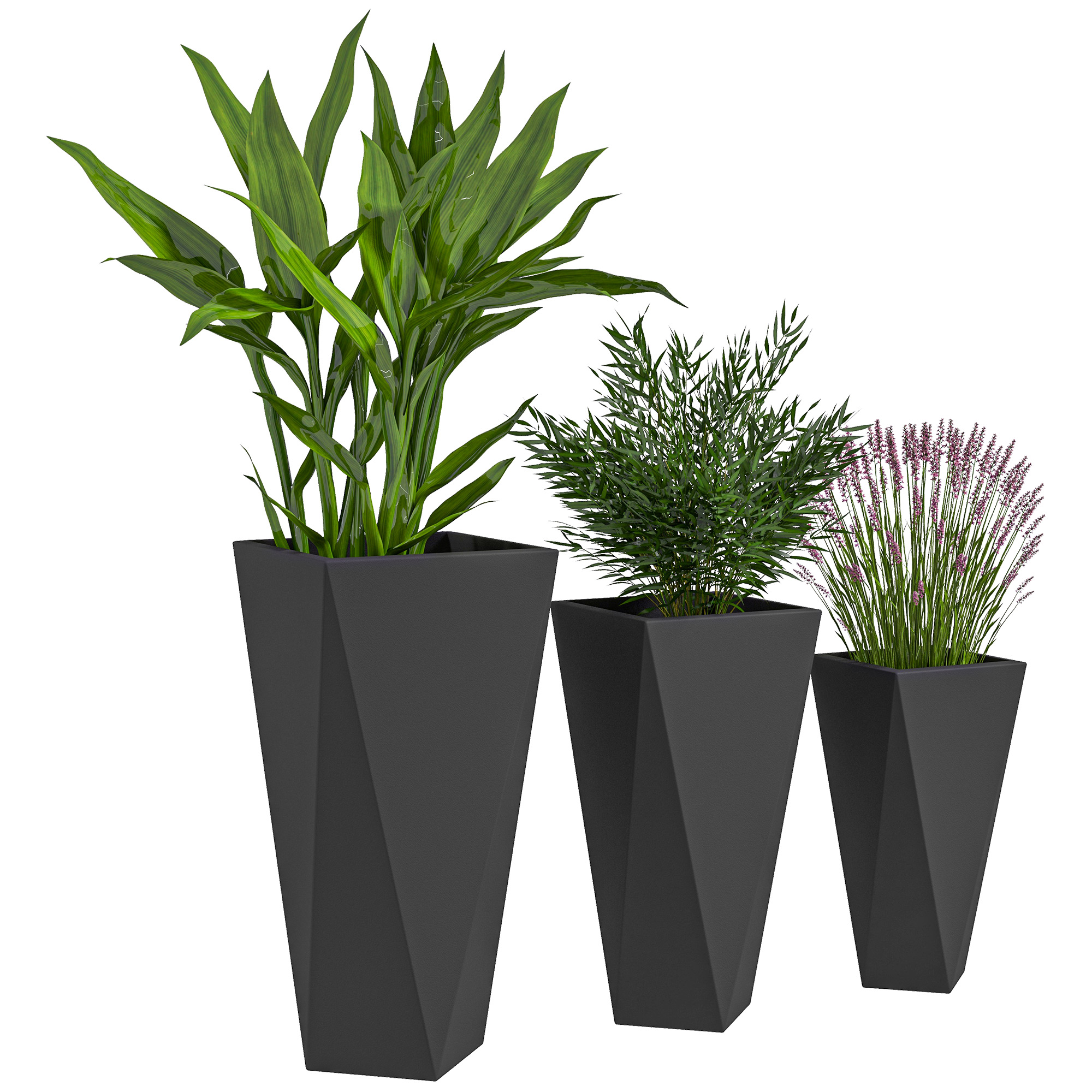 Outsunny Indoor Outdoor Planters Set of 3 MgO Tall Planters Stackable Flower Pots with Drainage Holes for Garden Balcony Black