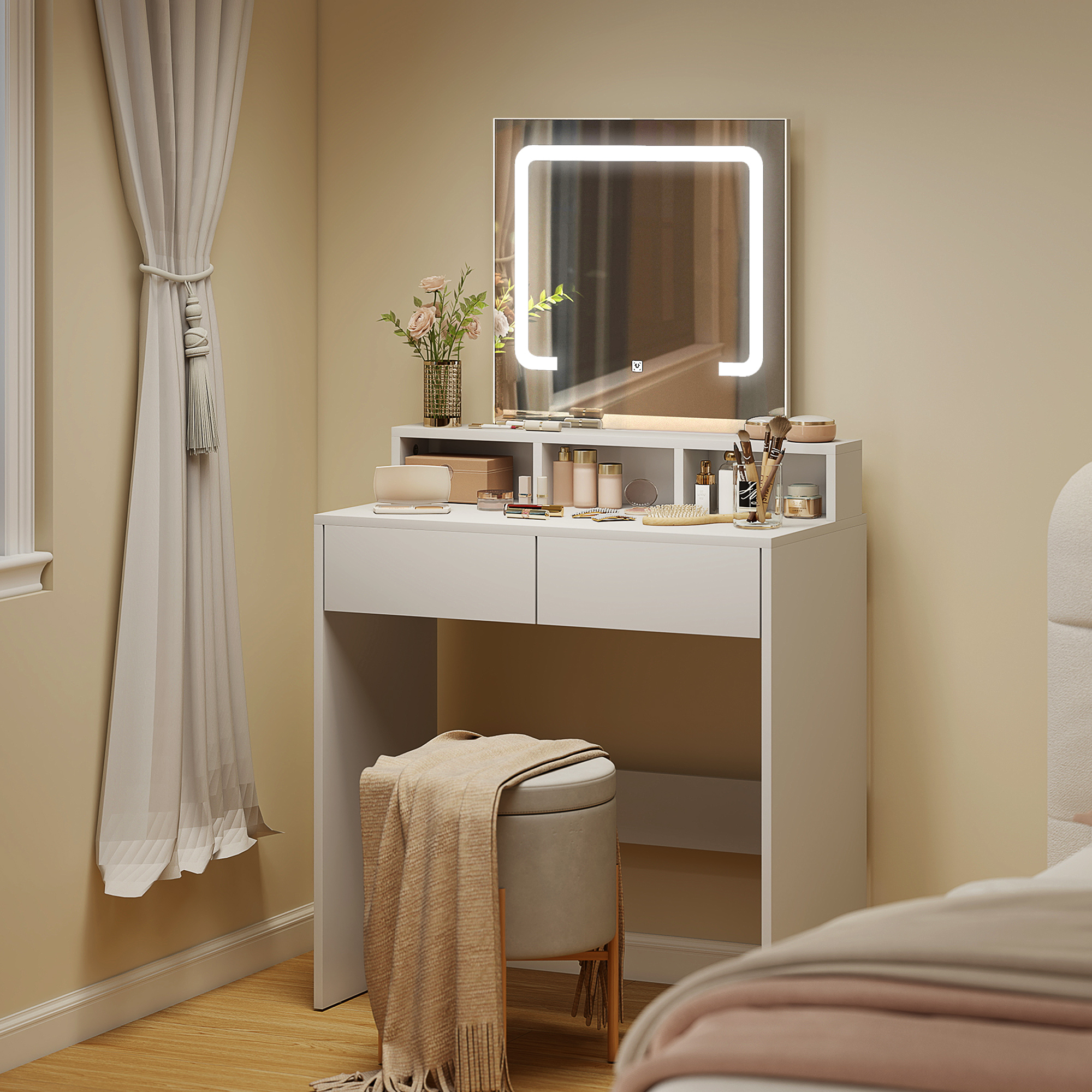 HOMCOM Makeup Vanity Desk with Mirror and LED Lights, for Bedroom, Modern Dressing Table with Drawers, Compartments, White Aosom Canada