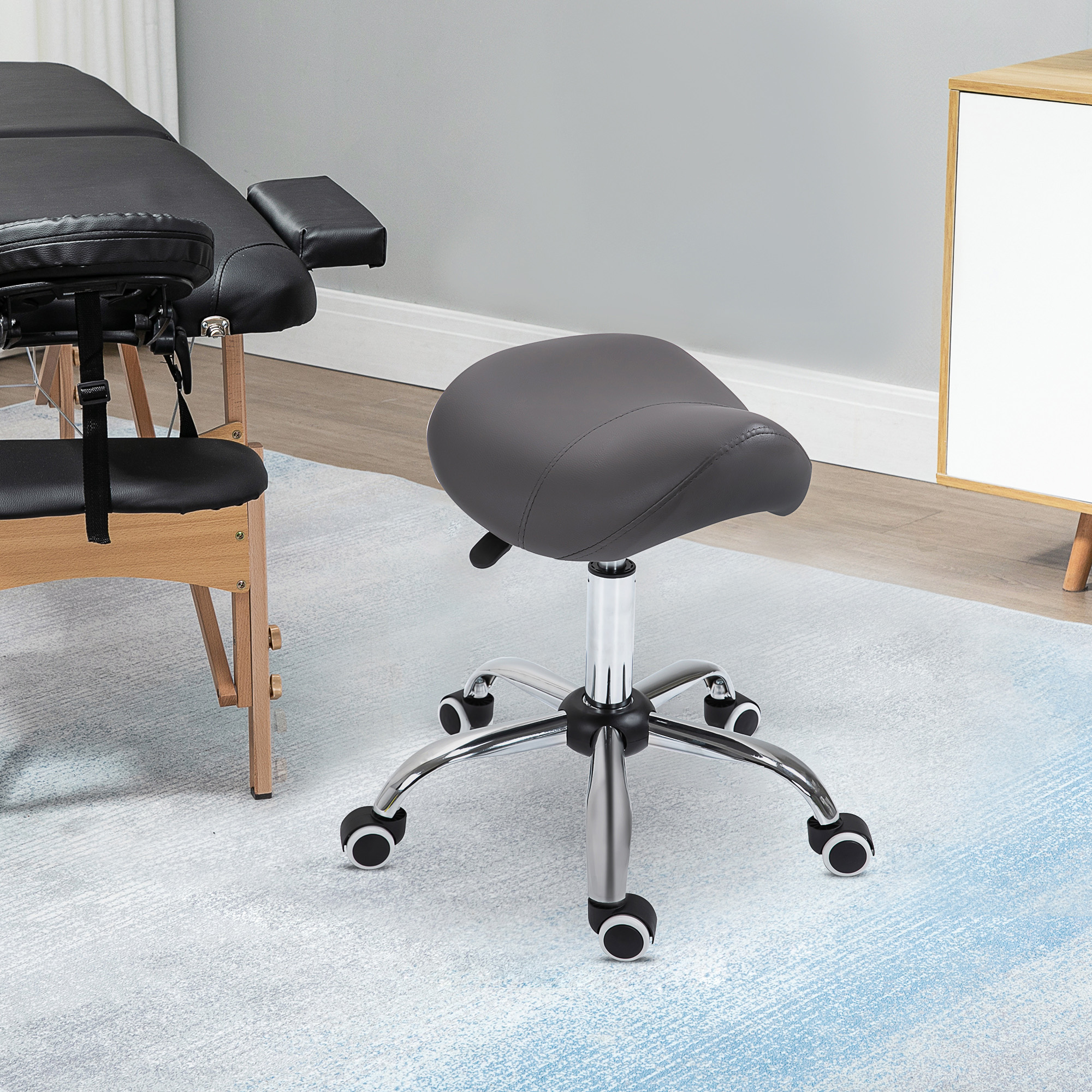 HOMCOM Saddle Stool Adjustable Hydraulic Rolling Beauty Salon Stool Ergonomic PU Leather Stool Round Grey Aosom Canada