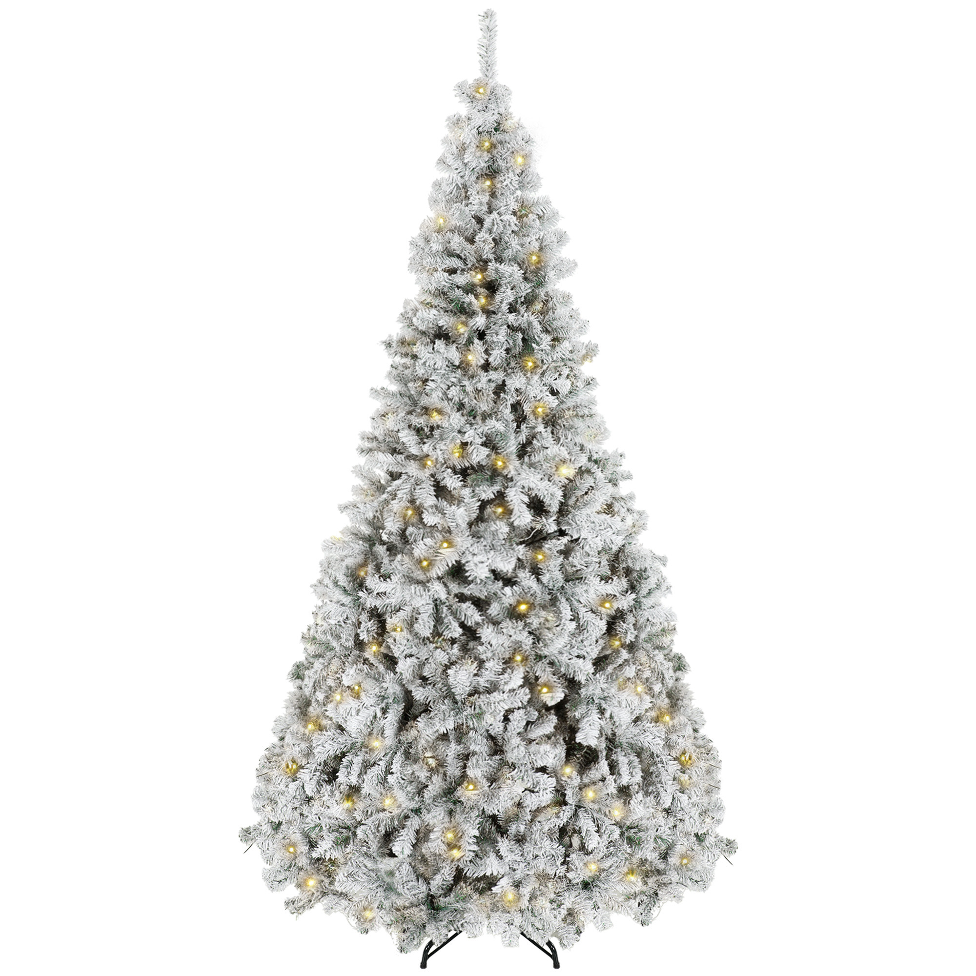 HOMCOM 7.5ft Flocked Prelit Christmas Tree, Fraser Fir, Hinged Xmas Tree with LEDs, Foldable Metal Base, Green White