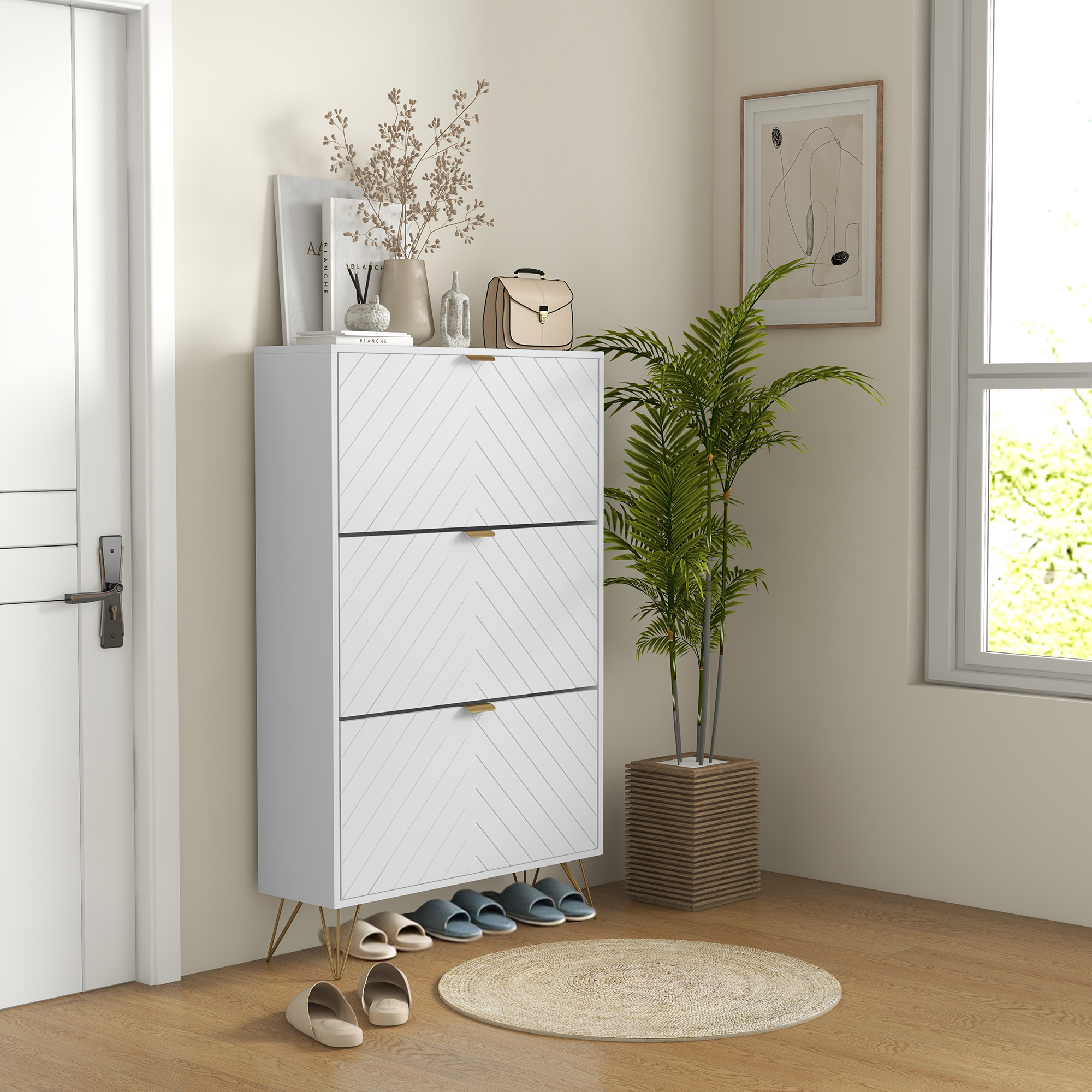 HOMCOM Shoe Sanctuary: Modern White Cabinet with 3 Flip Drawers, 8 Vents, Narrow Design for 18 Pairs, Entryway Organizer Aosom Canada