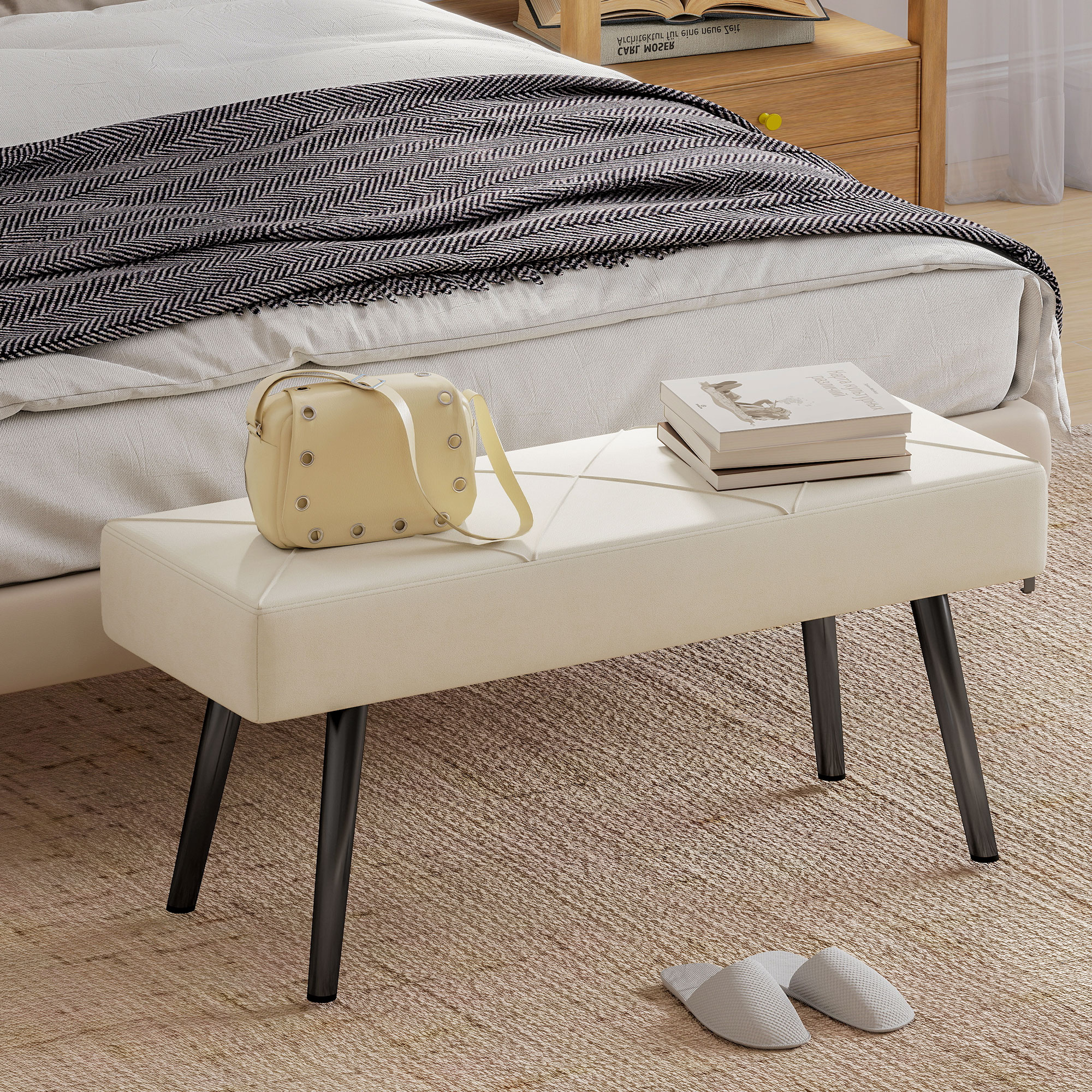 HOMCOM 39 Inches Upholstered Bedroom Bench, Modern End of Bed Bench with Steel Legs, Cream White Aosom Canada