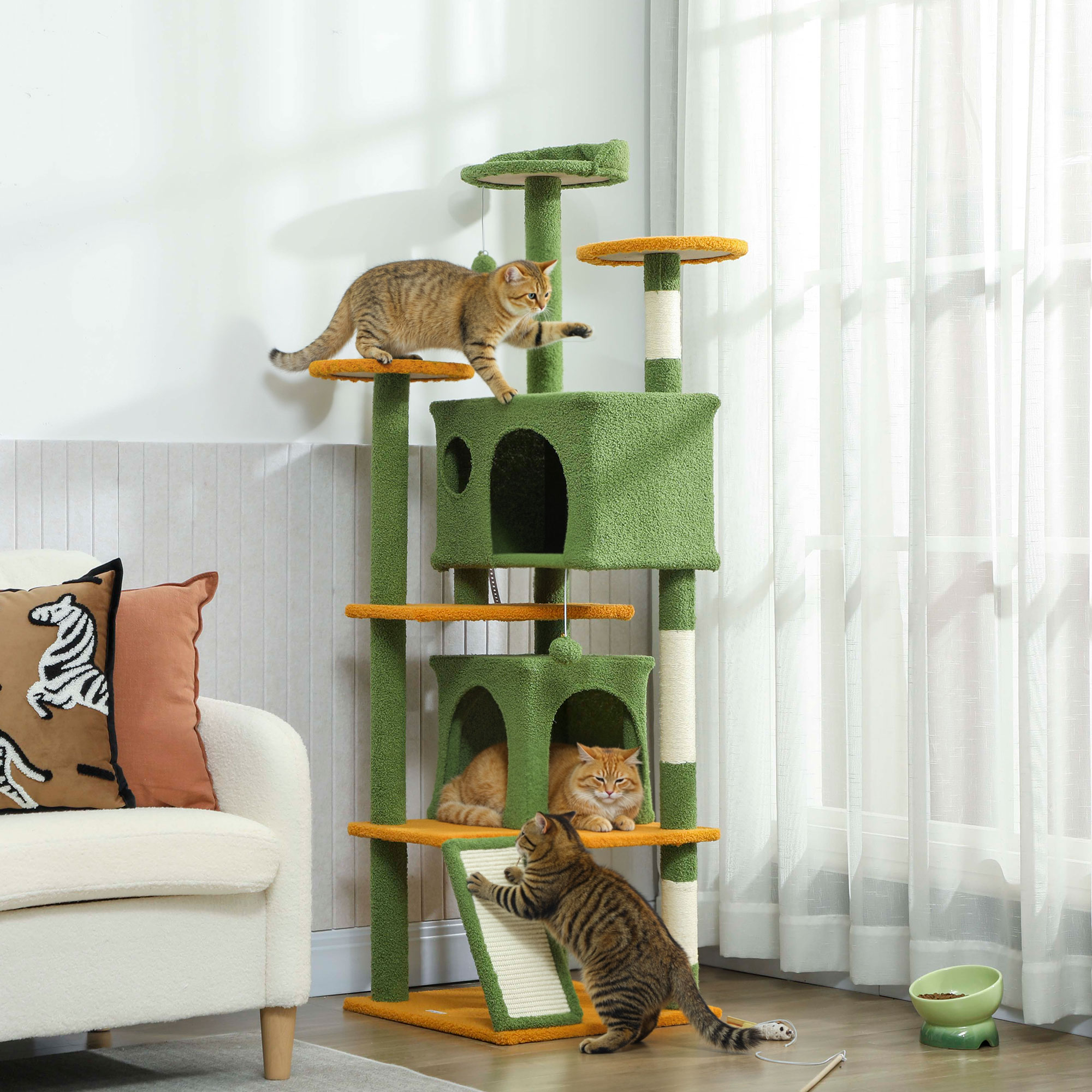 PawHut 54" Cat Tree, Multi-Level Cat Tower with Scratching Posts, Cat Condos, Bed, Platforms, Ramp, Toy Ball, Green Aosom Canada