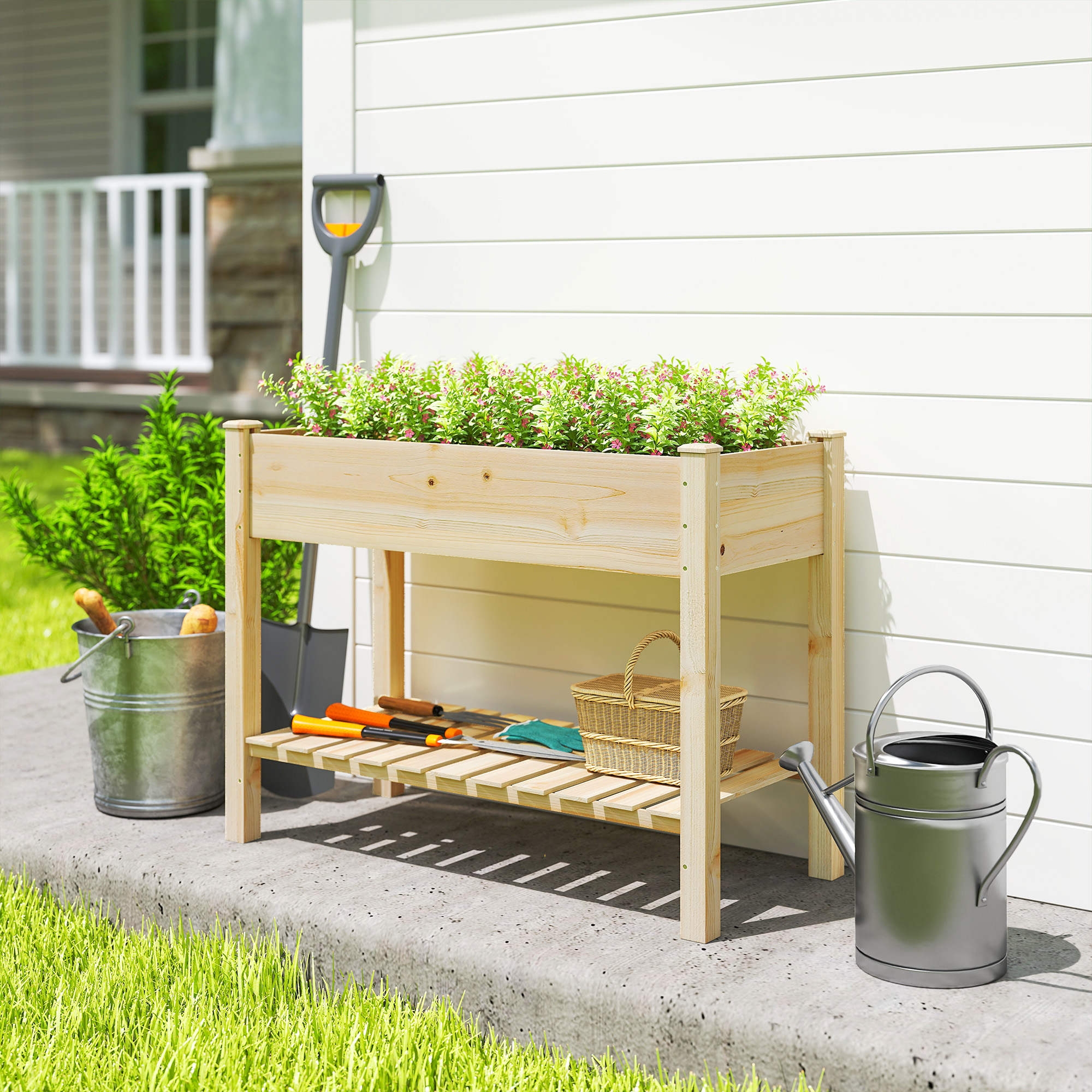Outsunny Elevated Planter Box with Legs and Storage Shelf, Raised Garden Bed, Elevated Wooden Planter Box, Natural | Aosom Canada