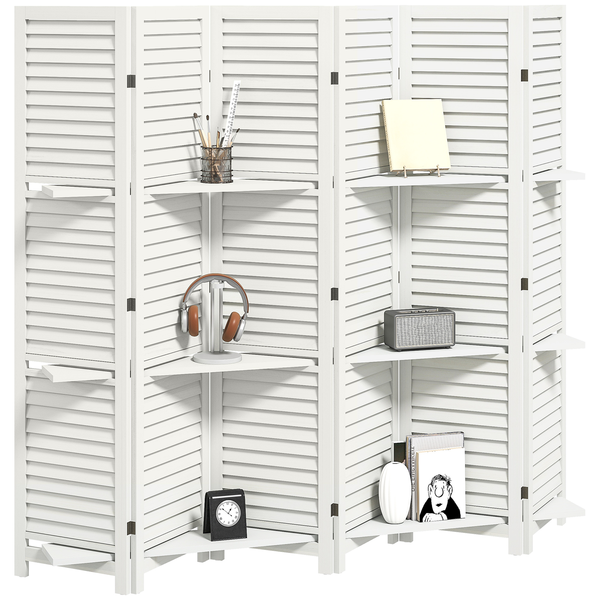 HOMCOM 5 Panel 67" Tall Wood Privacy Screen Room Divider with 3 Shelves and Folding Storage for Bedroom, Distressed White