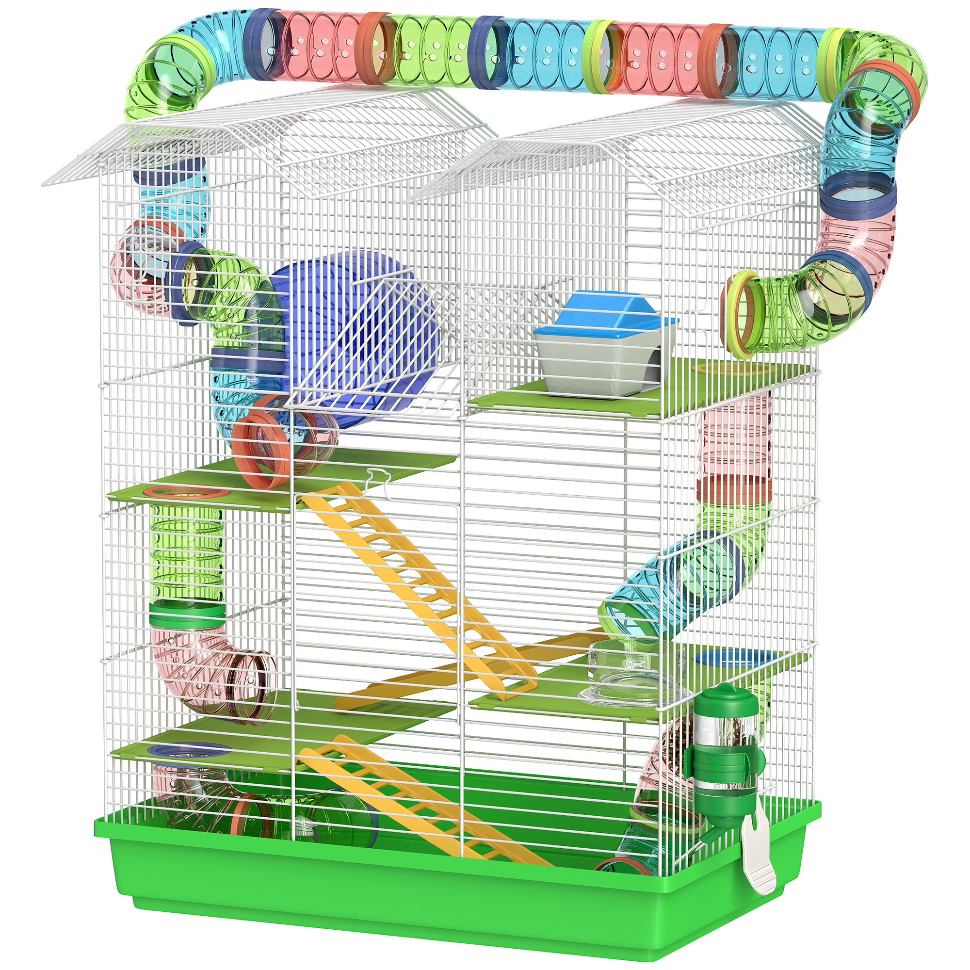 "PawHut 18.5"" 5 Tier Hamster Cage with Tubes and Tunnels, Small Animal Cage, Rat Gerbil Cage with Water Bottle, Food Dish, Exercise Wheel, Green"