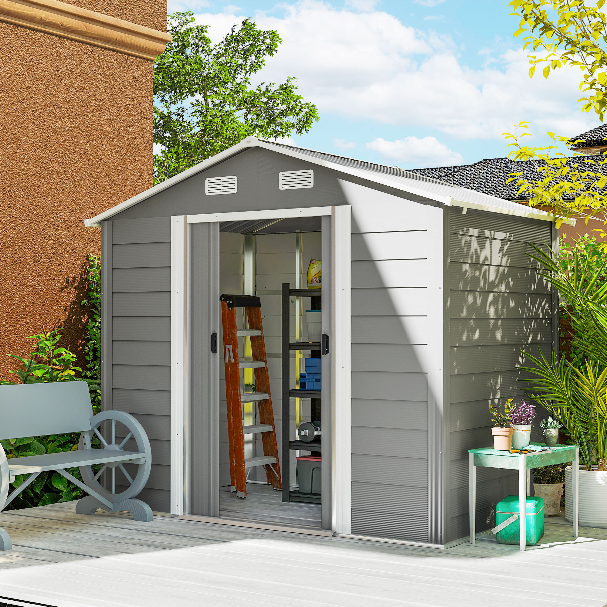 Outsunny 7.7' x 6.5' Outdoor Metal Garden Shed House Hut Gardening Tool Storage with Ventilation, Light Grey Aosom Canada
