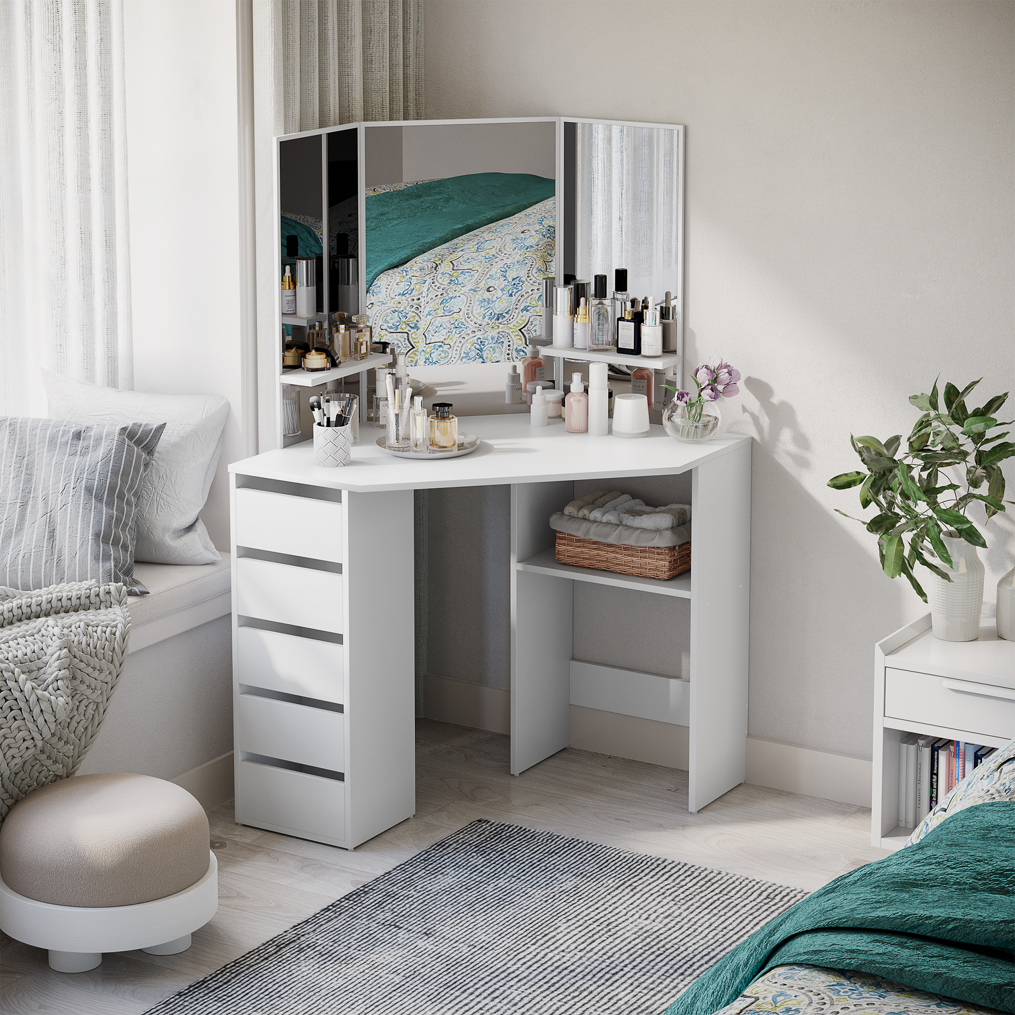 HOMCOM Small Dressing Table Corner Vanity Desk with Drawers and Mirror, White Aosom Canada