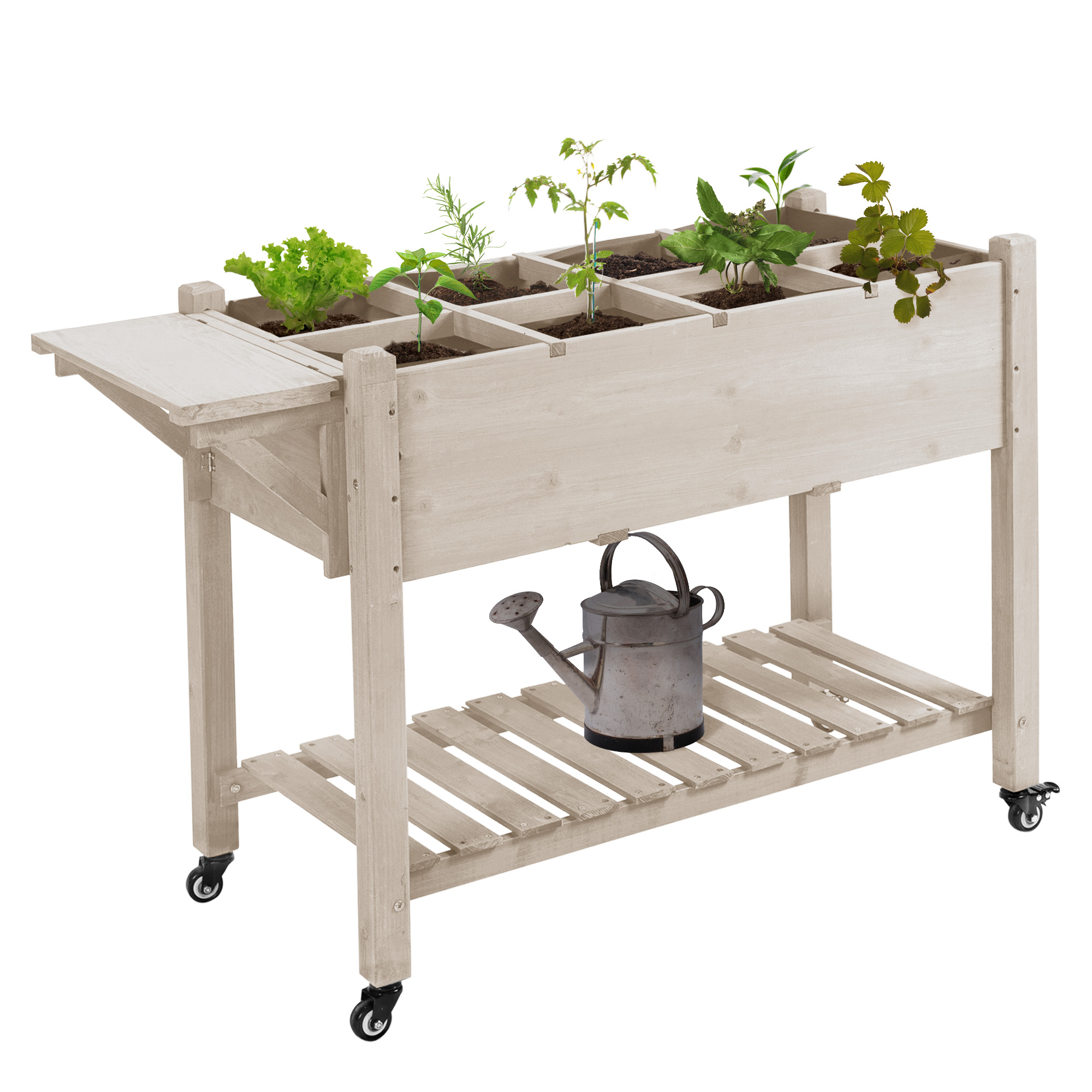 Outsunny Raised Garden Bed Planter Box w/ 8 Grow Grids, Storage Shelf & Lockable Wheels