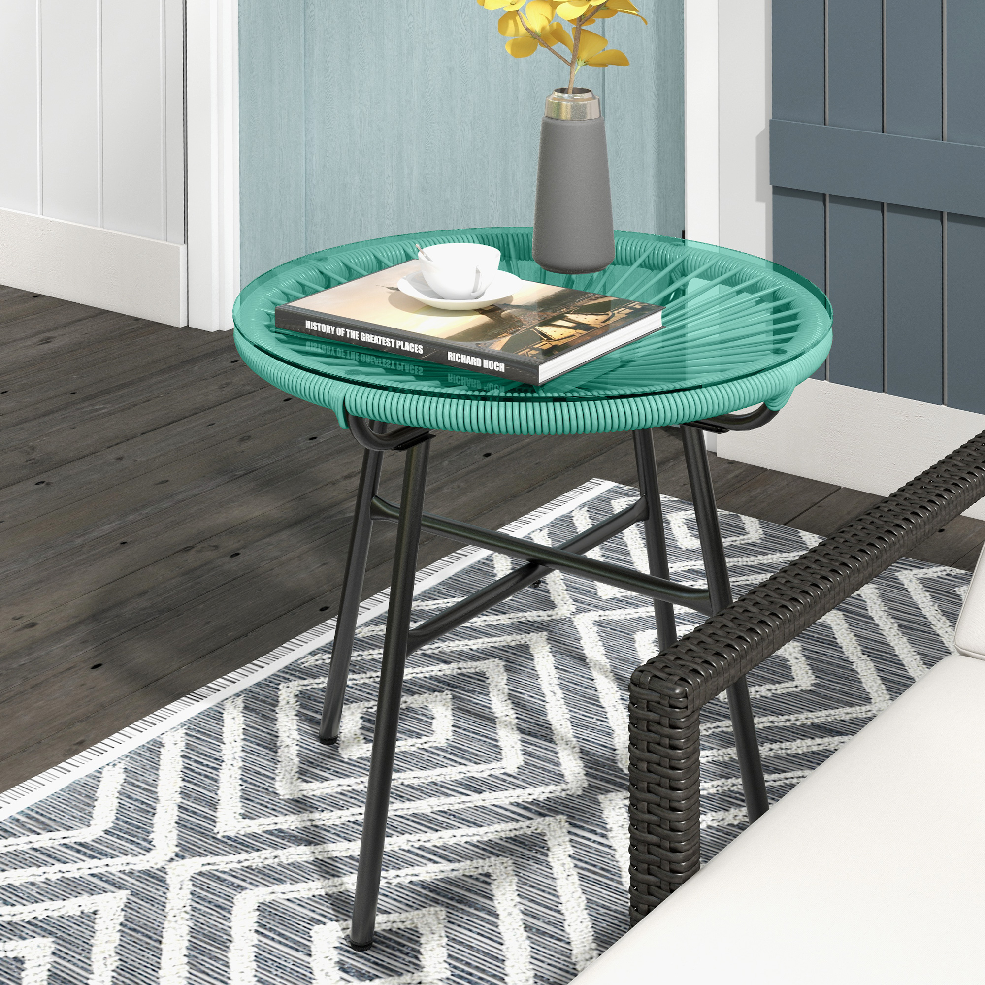 Outsunny Rattan Side Table, Round Outdoor Table, with Round PE Rattan and Tempered Glass Table Top for Patio, Garden, Light Green Aosom Canada