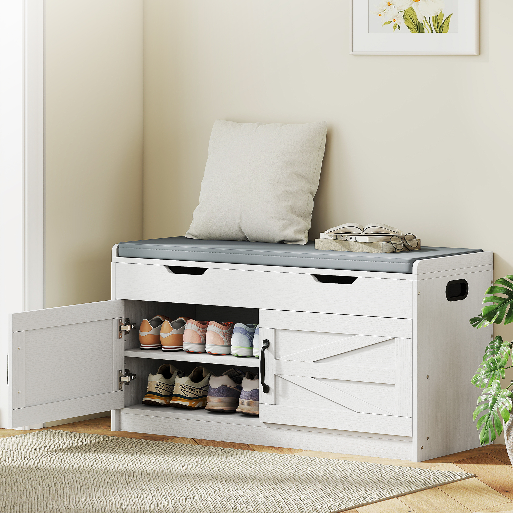 HOMCOM Shoe Storage Bench, Entryway Bench with 2-Tier Cabinet, Flip-Top Storage, Padded Cushion for Hallway, White Aosom Canada