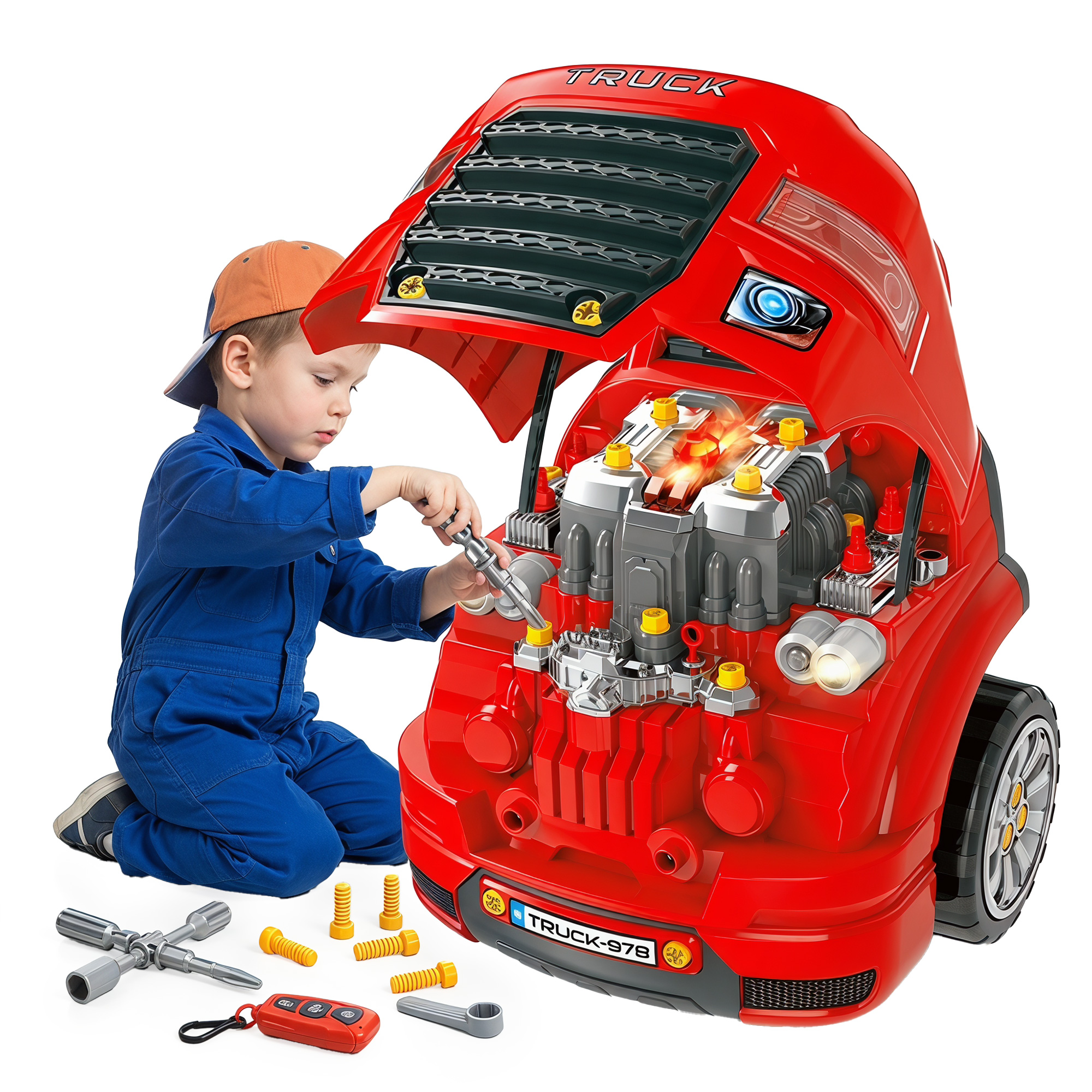 Qaba Mechanic Kids Truck Engine Toy Set, Car Service Play Set, Red