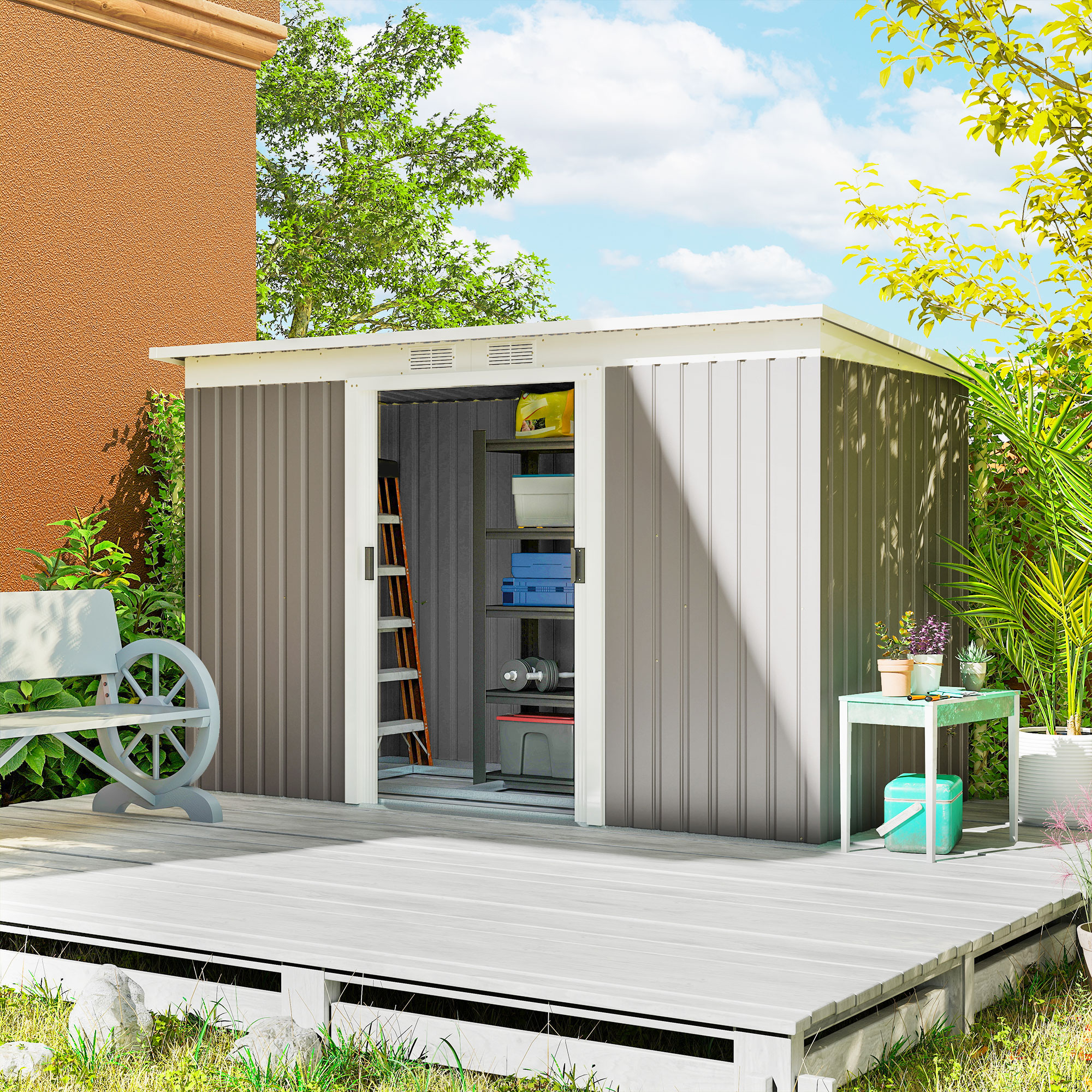 Outsunny 9' x 4' Garden Metal Storage Shed Outdoor Equipment Tool Box with Foundation Kit, Ventilation & Doors, Light Grey Aosom Canada