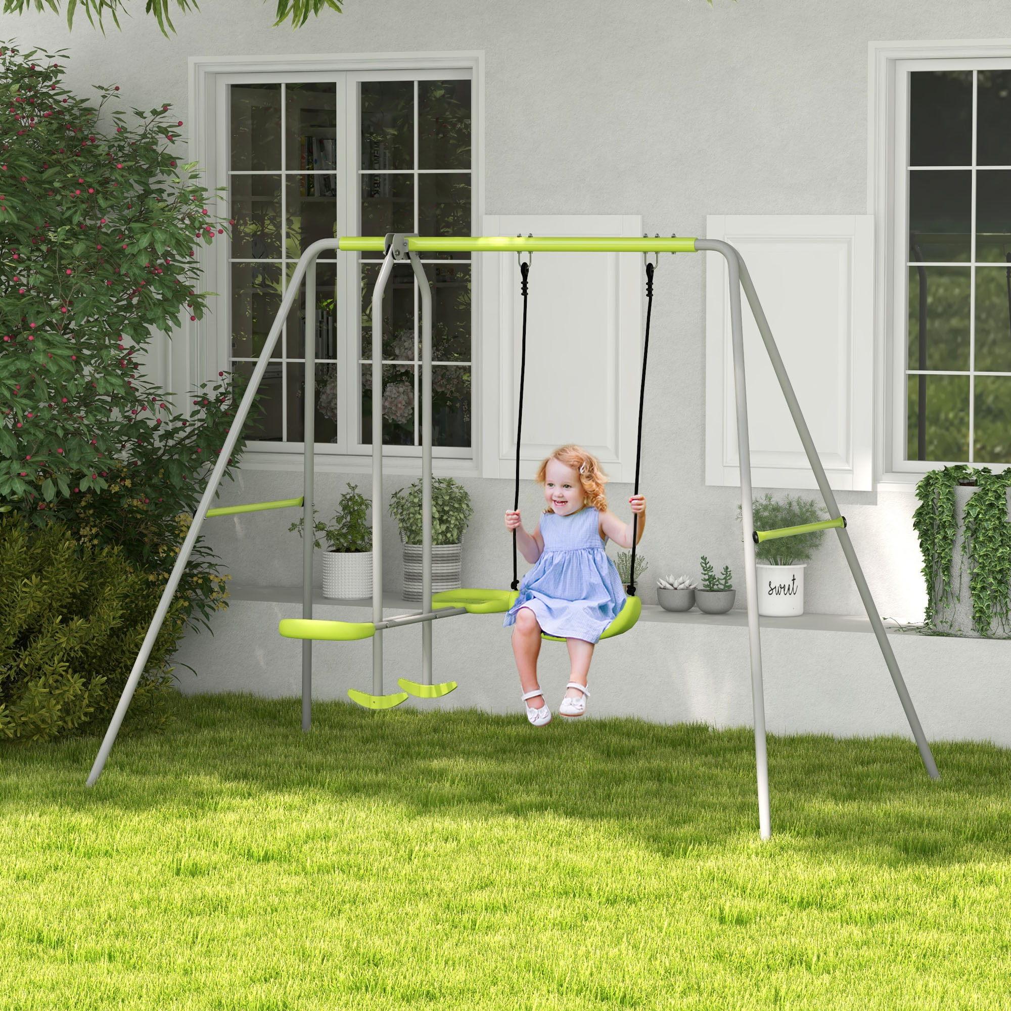 Outsunny Swing Set for Kids, Heavy Duty A-Frame Metal Swing Frame with Glider, Swing Seat, Ground Stakes for Backyard, Green Aosom Canada