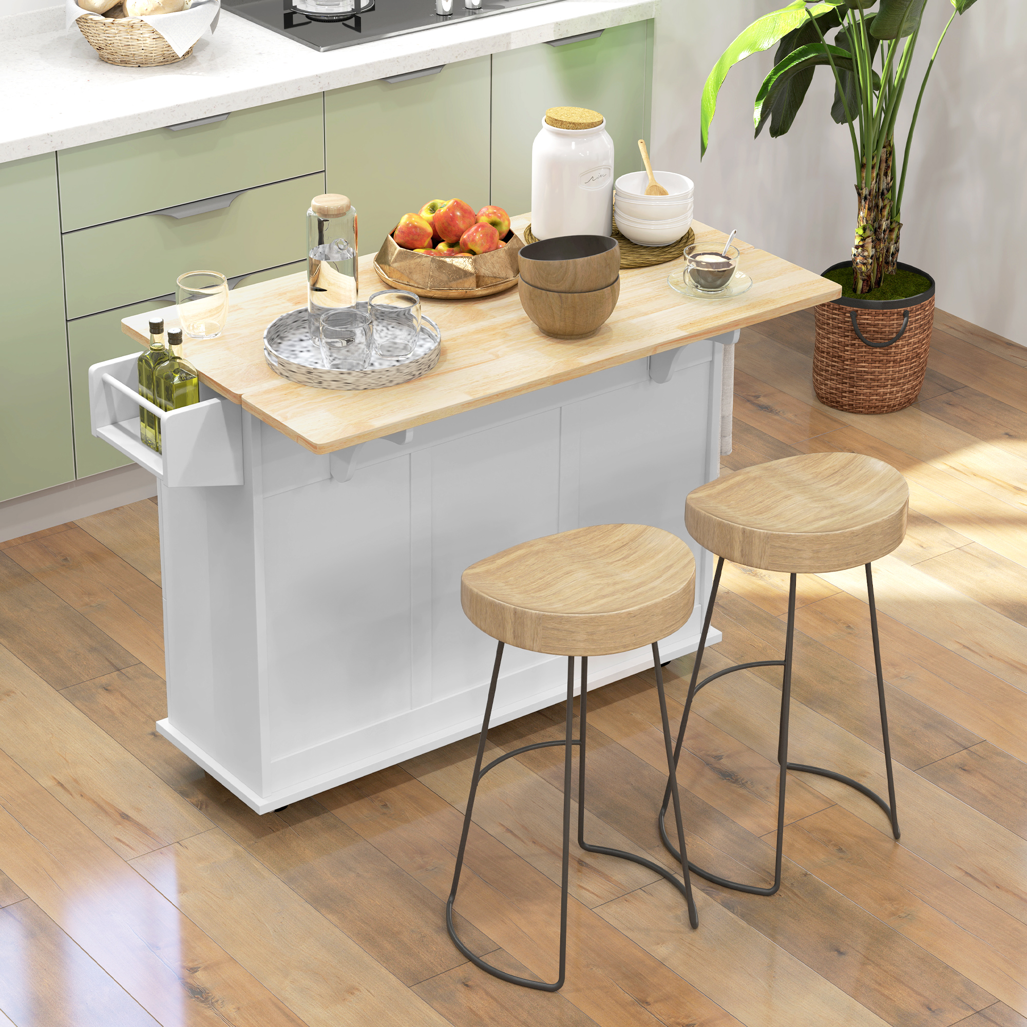 HOMCOM Kitchen Island on Wheels with Drop Leaf, 3 Drawers, Spice Rack, Towel Rack, Natural Wood Top White Aosom Canada