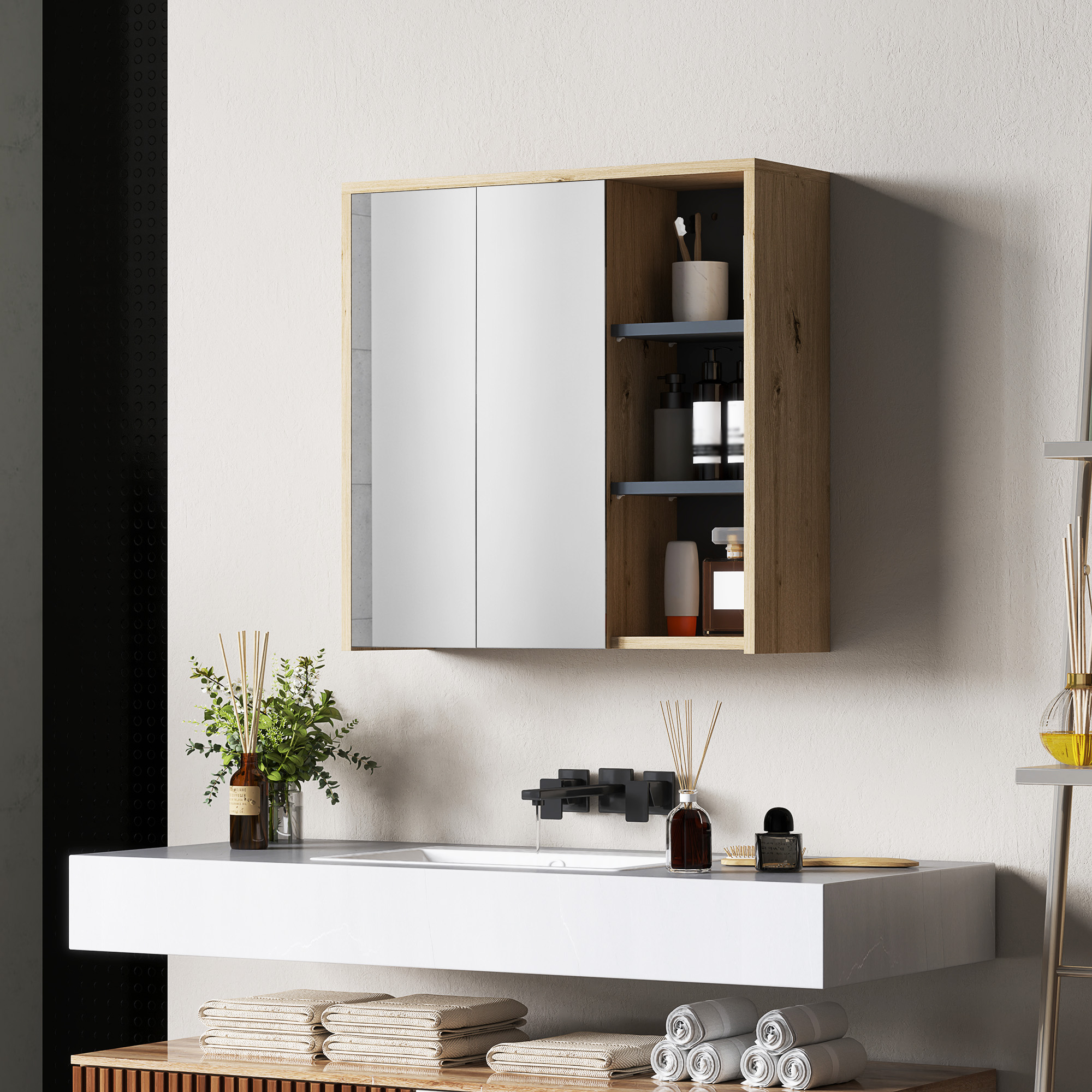 HOMCOM Wall Mount Medicine Cabinet with Mirror, Bathroom Cabinet Storage Organizer with 2 Doors, Cupboards and Shelves, Natural Aosom Canada