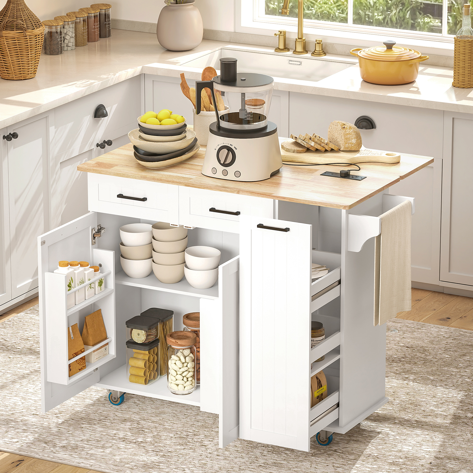HOMCOM Kitchen Island on Wheels with Wood Drop Leaf, Charging Station, Rolling Kitchen Cart with Adjustable Shelf, White Aosom Canada