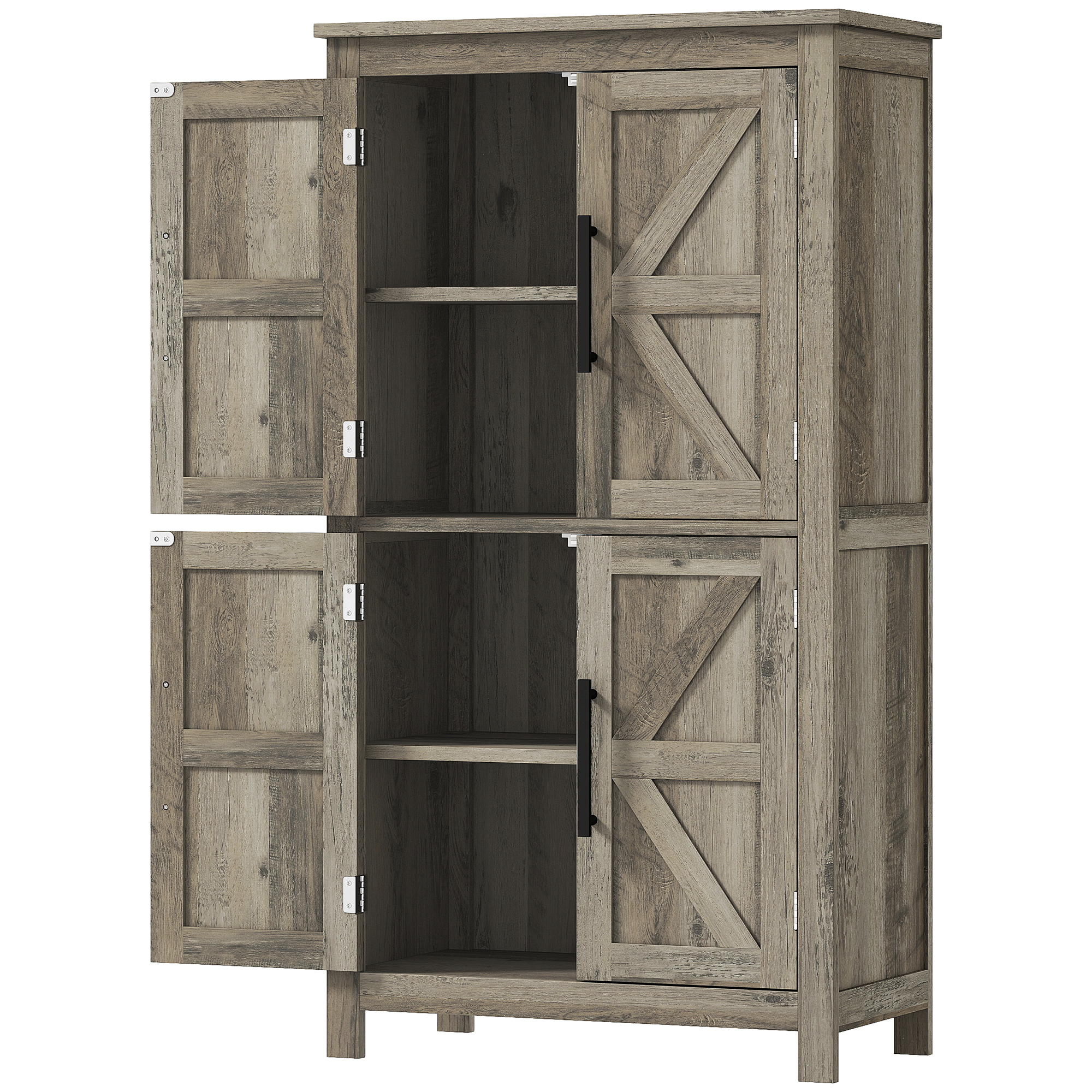 HOMCOM Bathroom Floor Storage Cabinet, Farmhouse Bathroom Cabinet with 4 Doors and Adjustable Shelf, Light Gray