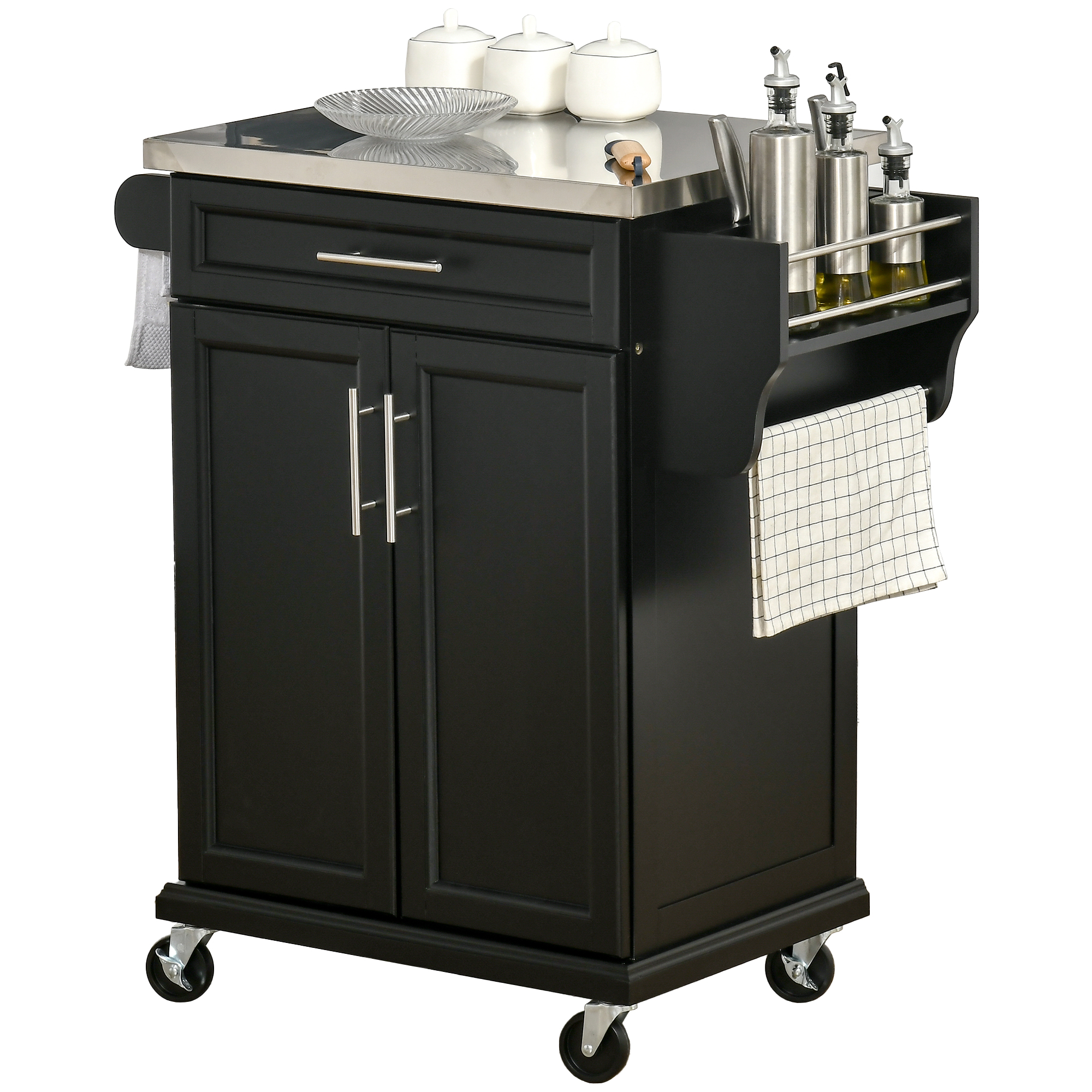 HOMCOM Kitchen Island on Wheels, Rolling Kitchen Cart with Stainless Steel Countertop, Drawer, Towel Rack and Spice Rack, Utility Storage Trolley, Bla