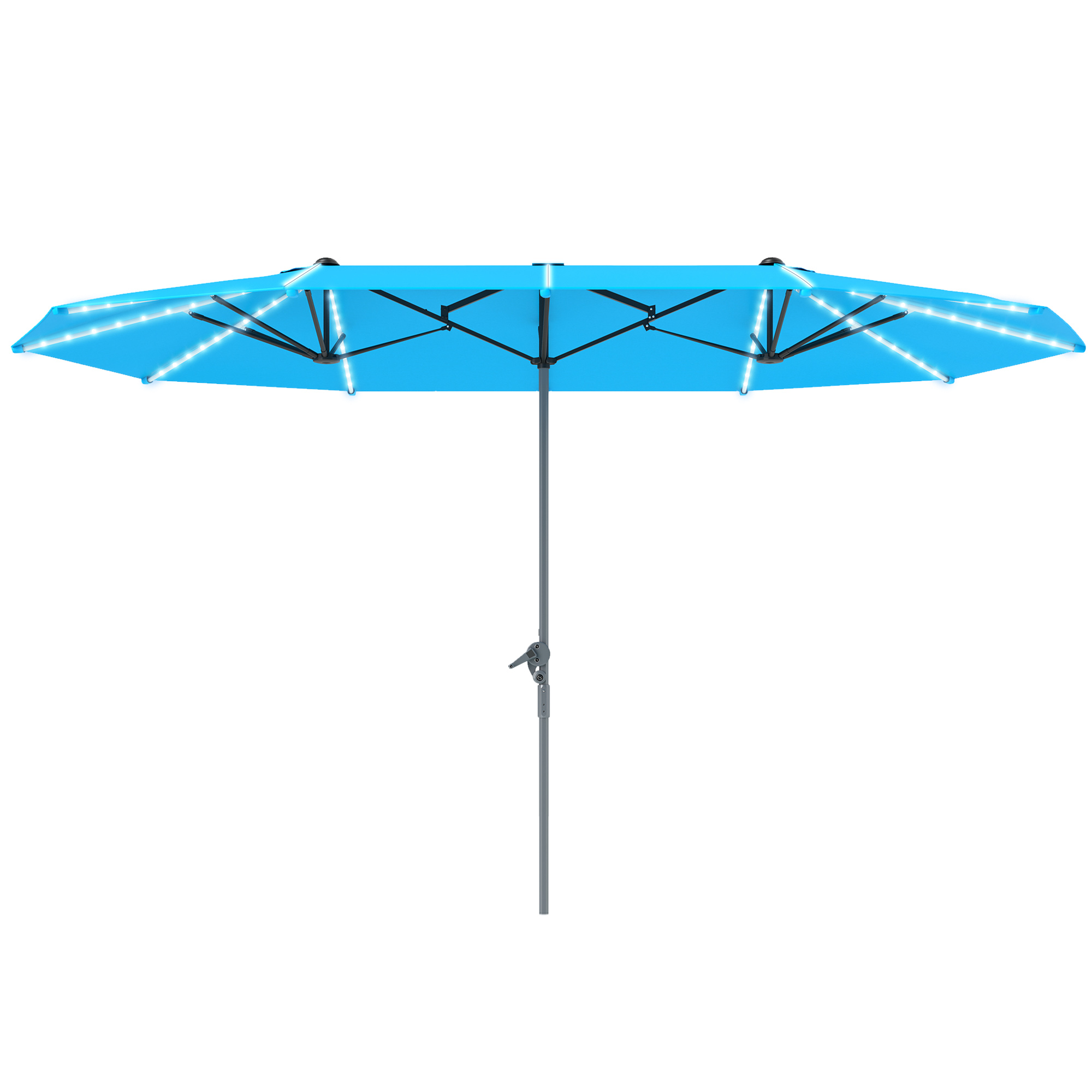 Outsunny 15ft Double-Sided Outdoor Umbrella with Solar Lights, UPF50+ Extra Large Aluminum Patio Umbrella with Crank, Blue