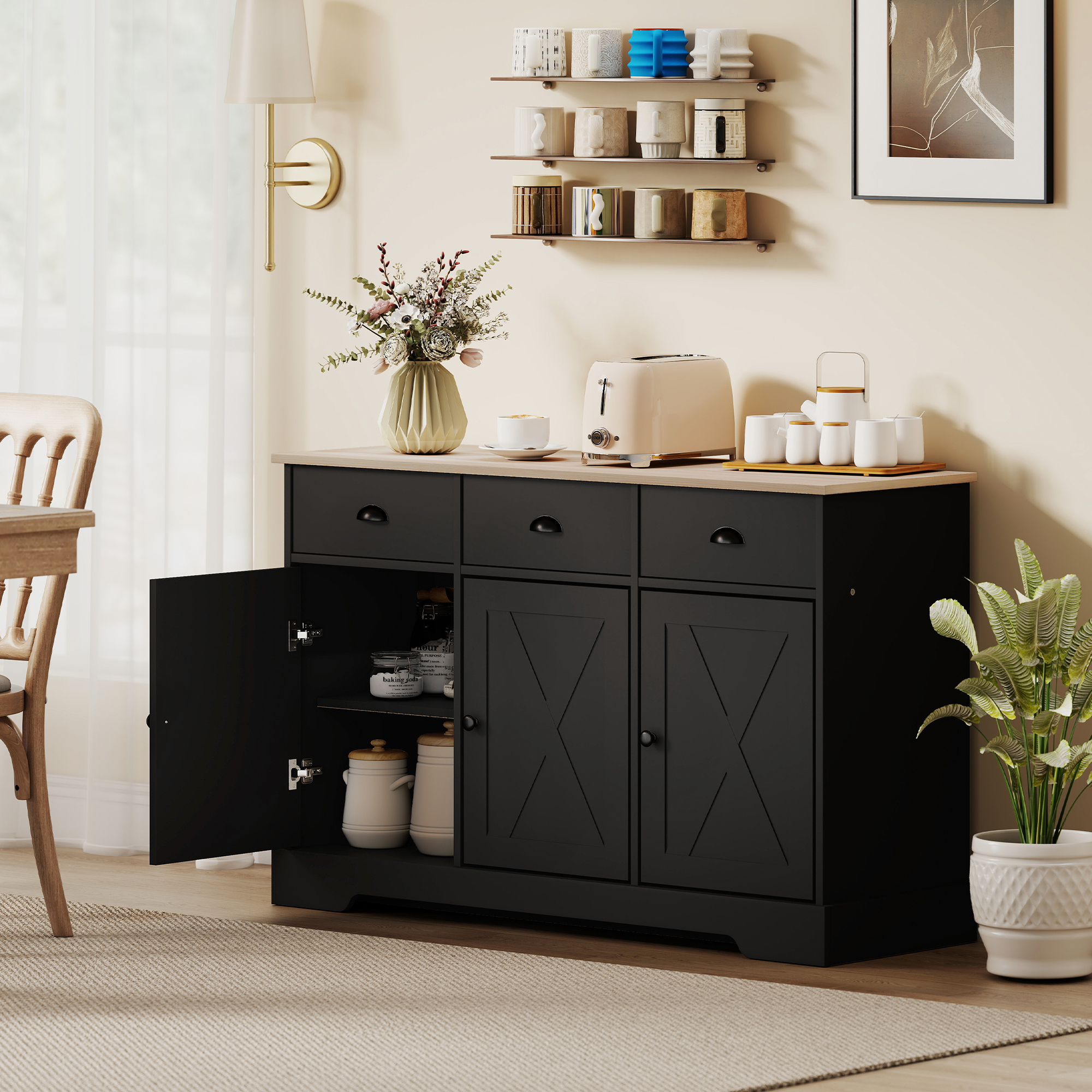 HOMCOM 46.5" Buffet Cabinet, Farmhouse Sideboard with 3 Barn Doors and 3 Drawers for Living Room, Kitchen, Black Aosom Canada